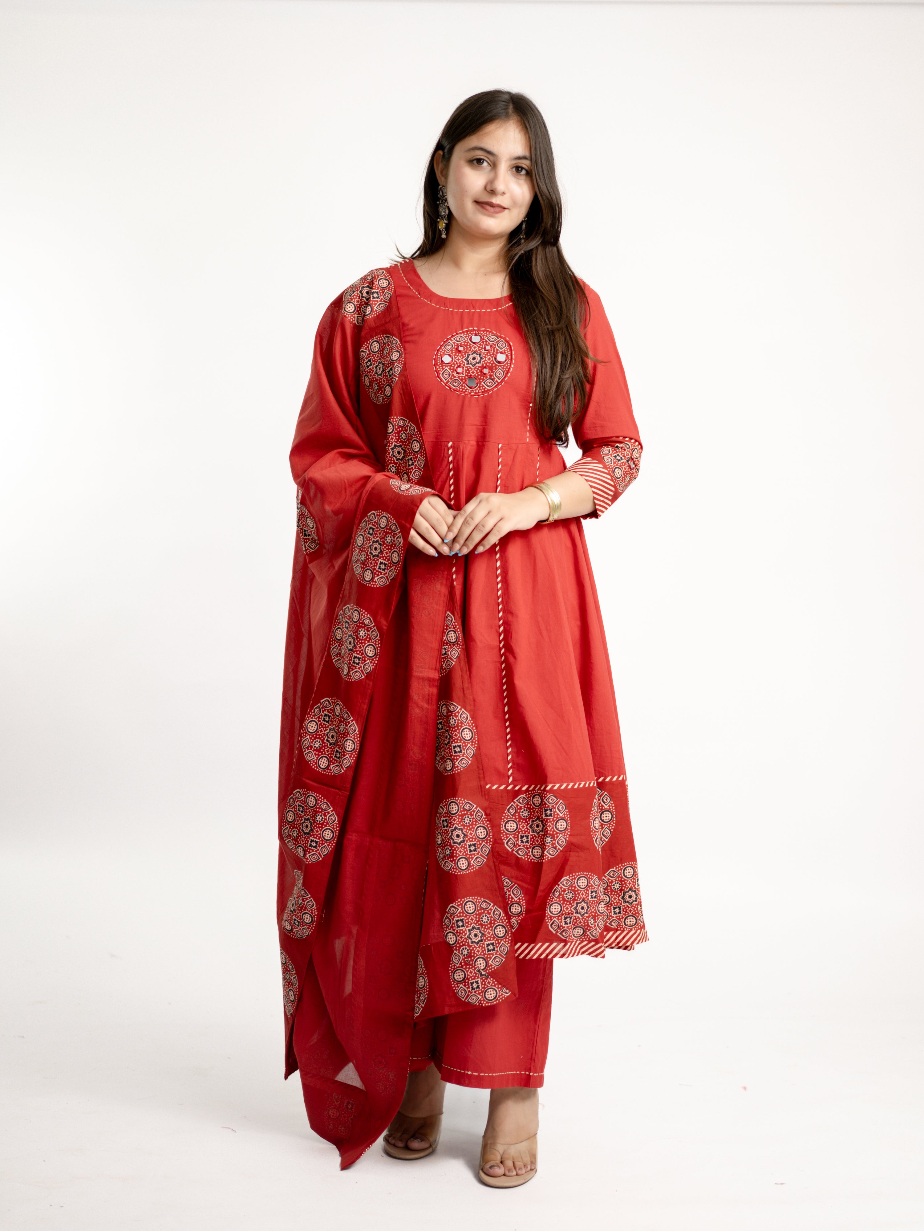 Aleena Red Cotton Embroidered Anarkali Dupatta Set