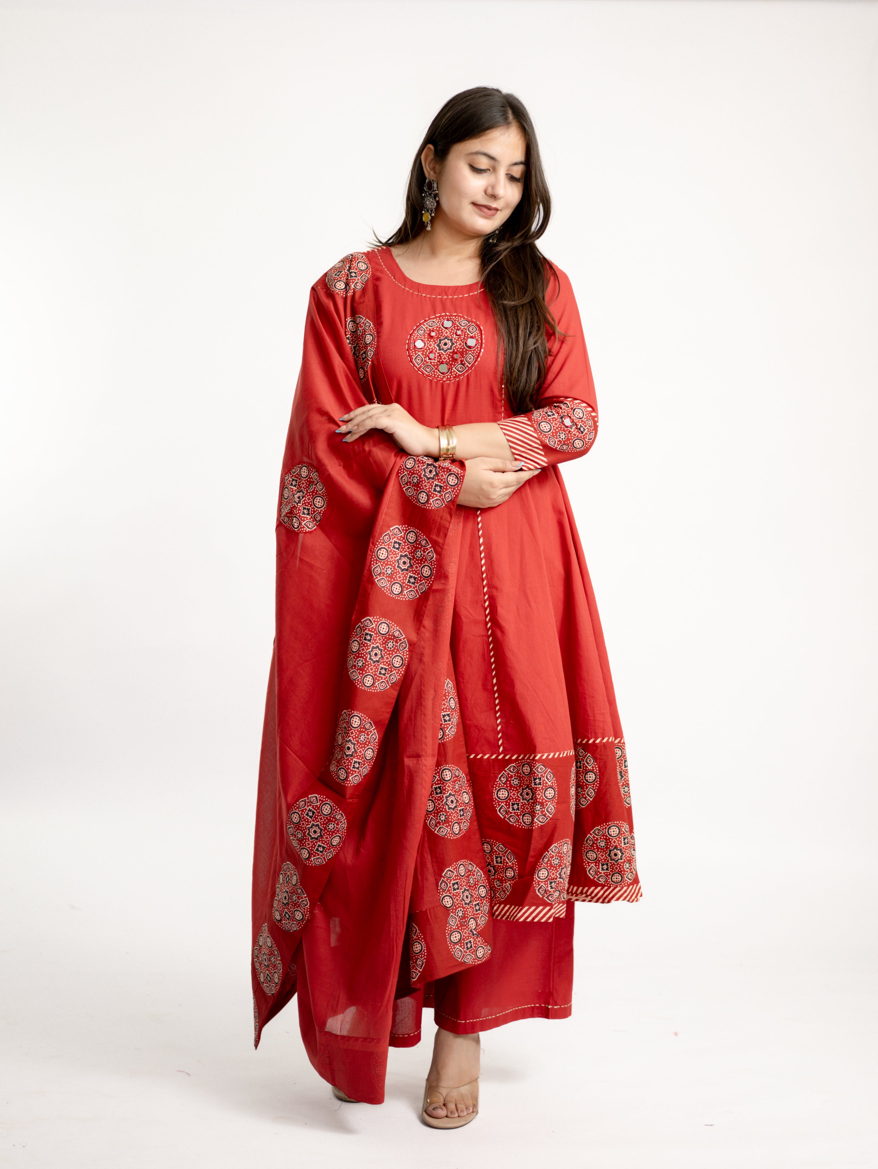 Aleena Red Cotton Embroidered Anarkali Dupatta Set