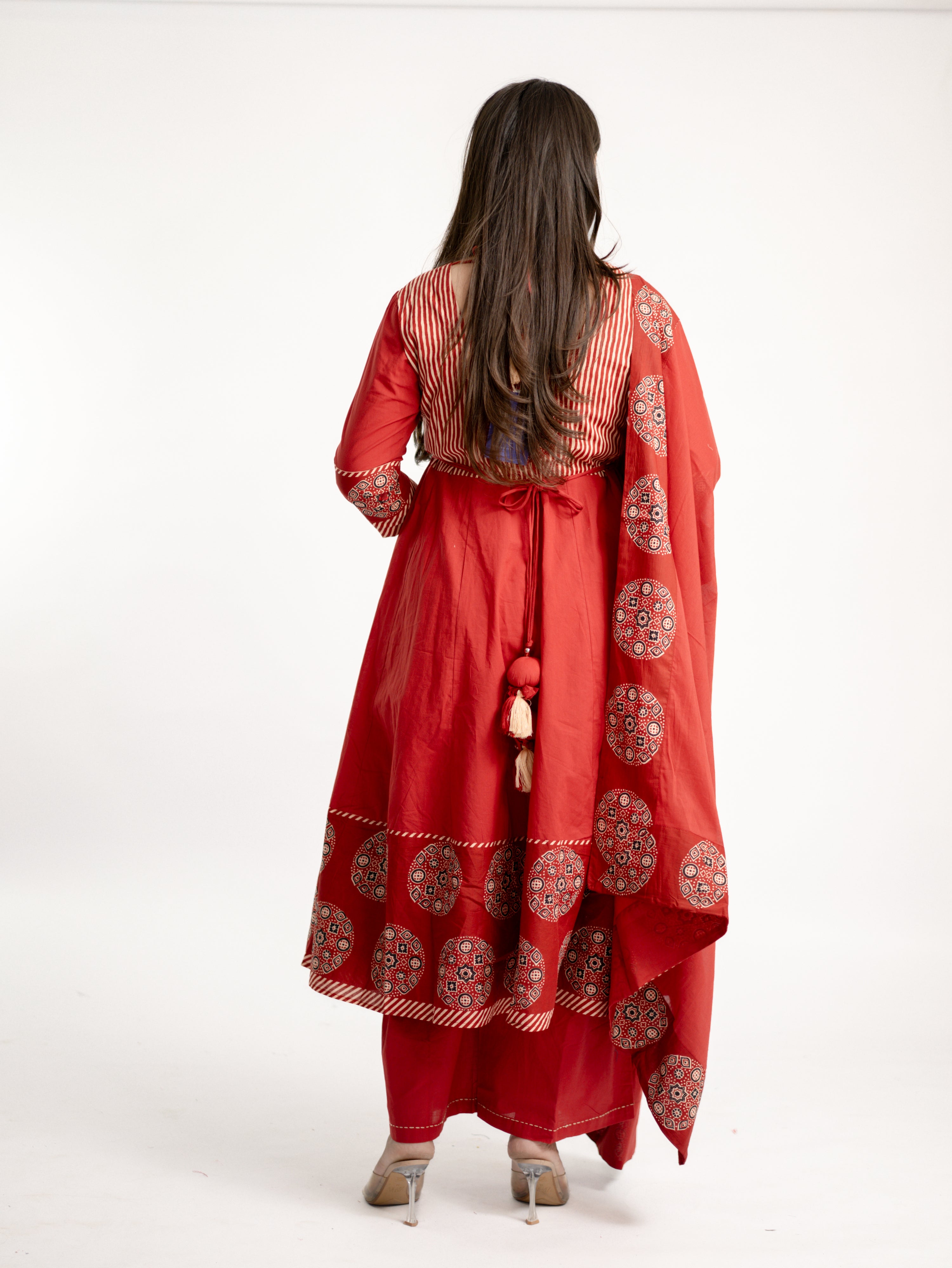 Aleena Red Cotton Embroidered Anarkali Dupatta Set