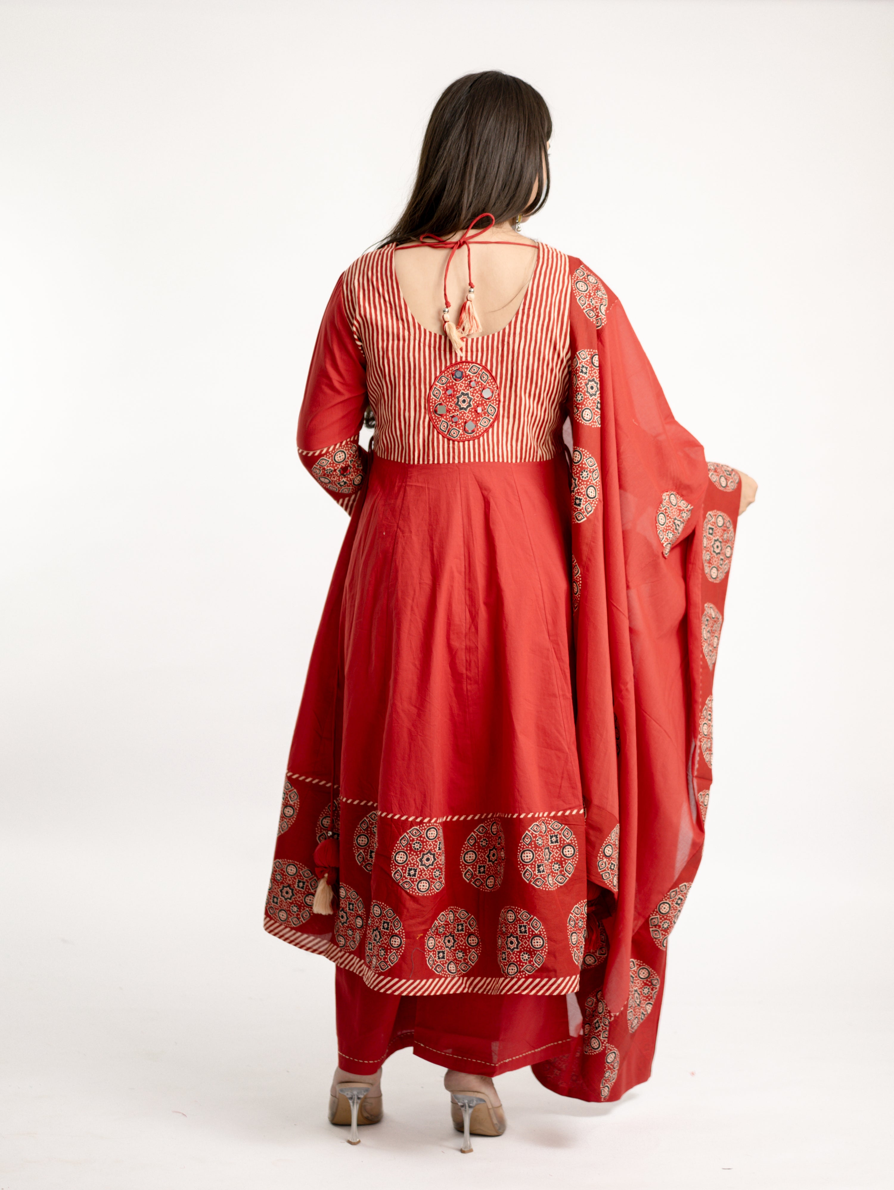 Aleena Red Cotton Embroidered Anarkali Dupatta Set