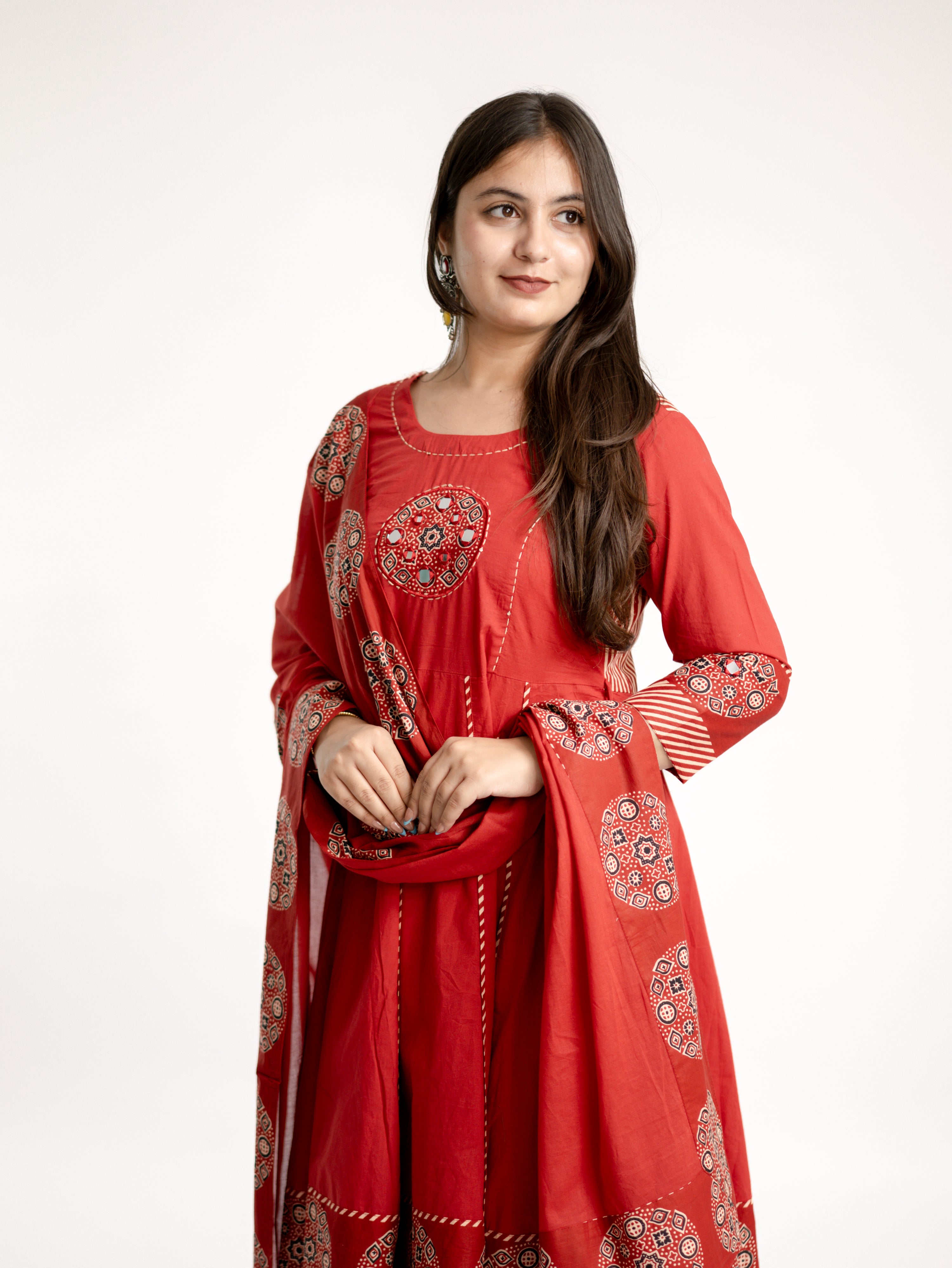 Aleena Red Cotton Embroidered Anarkali Dupatta Set