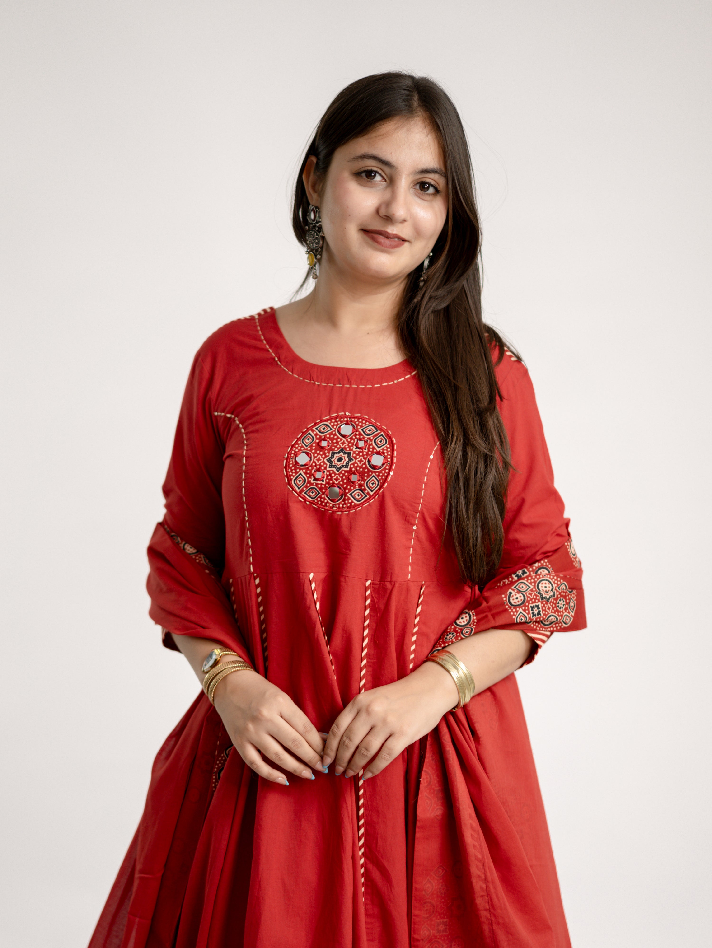 Aleena Red Cotton Embroidered Anarkali Dupatta Set