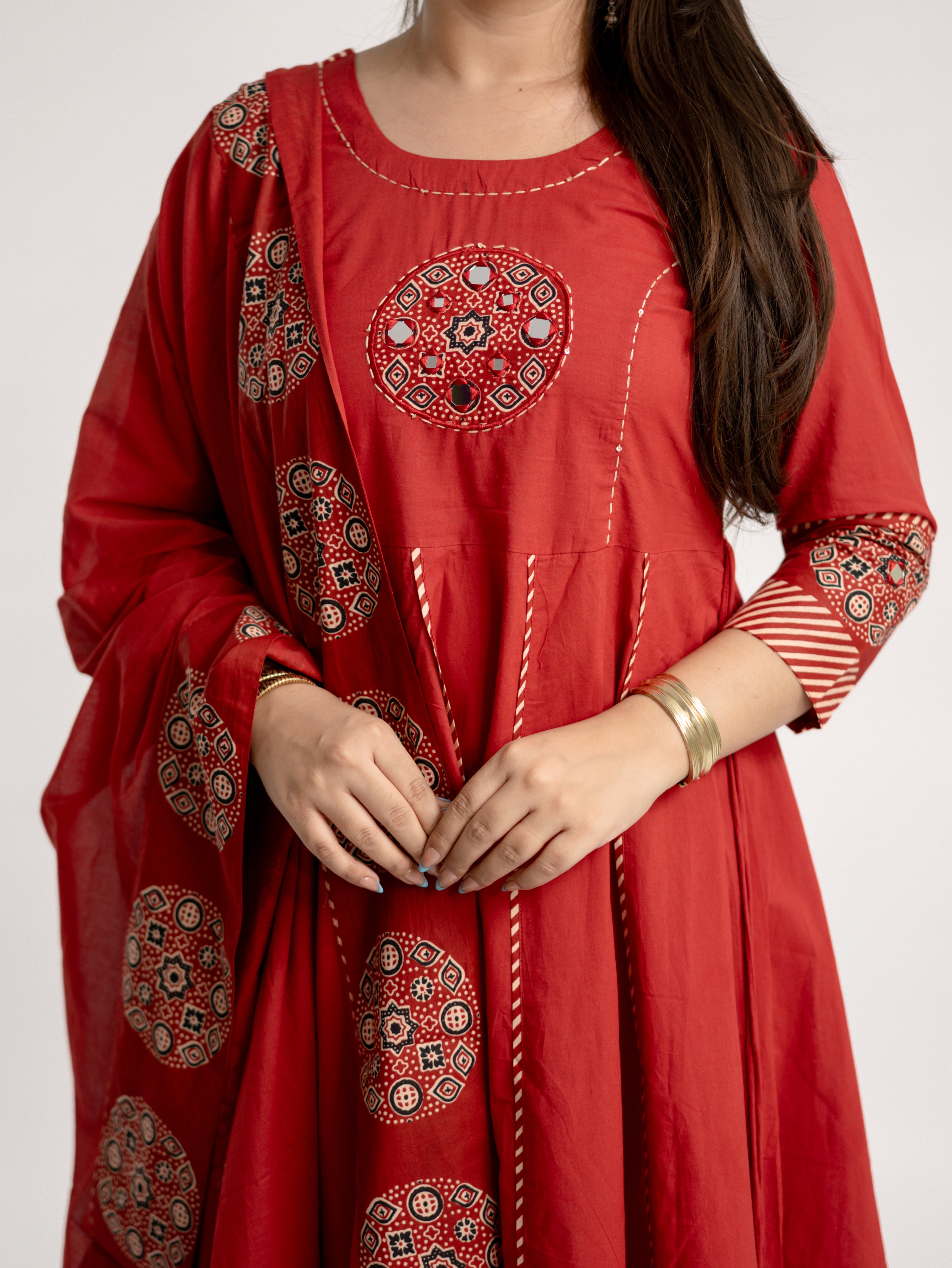 Aleena Red Cotton Embroidered Anarkali Dupatta Set
