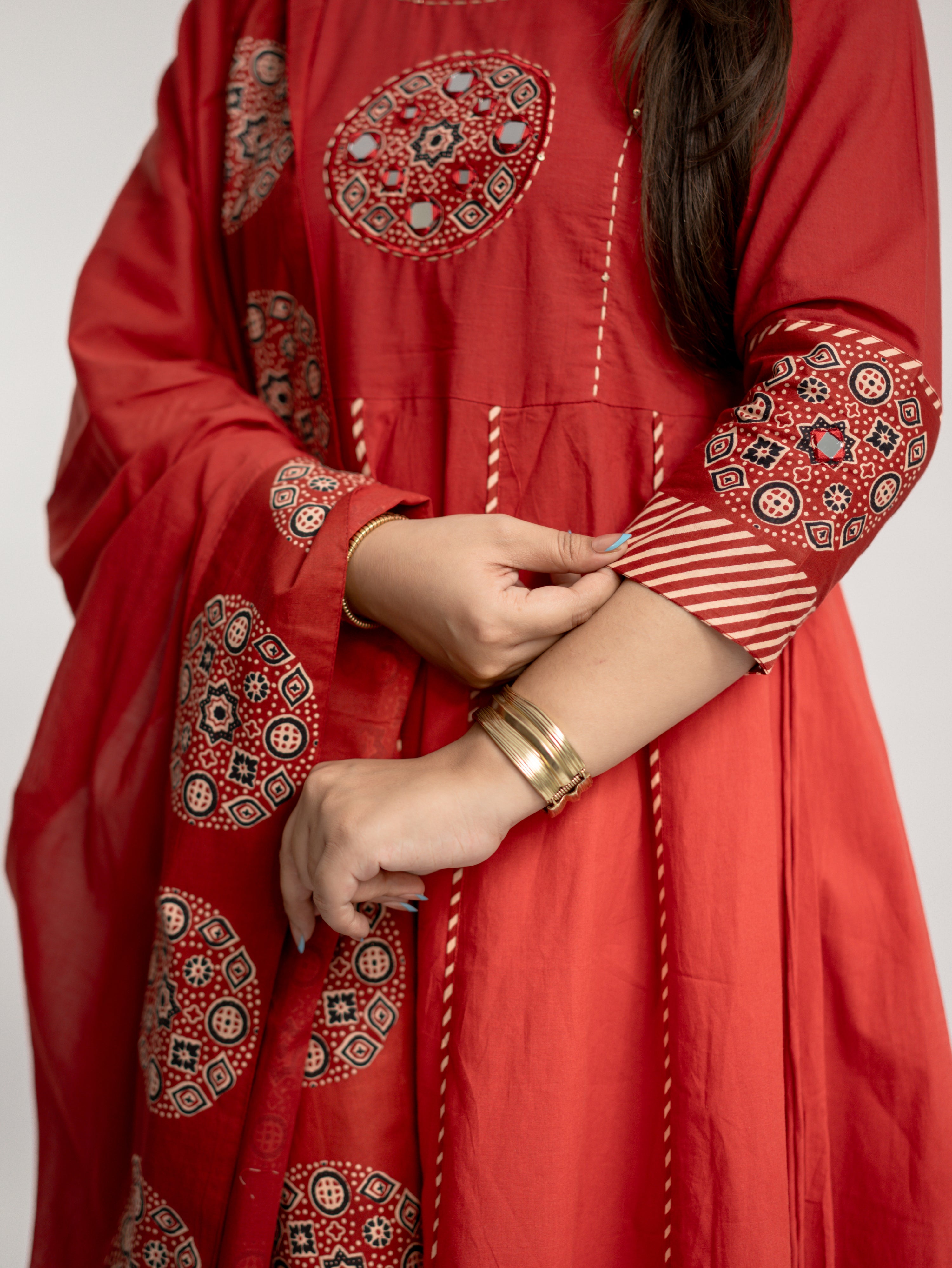 Aleena Red Cotton Embroidered Anarkali Dupatta Set
