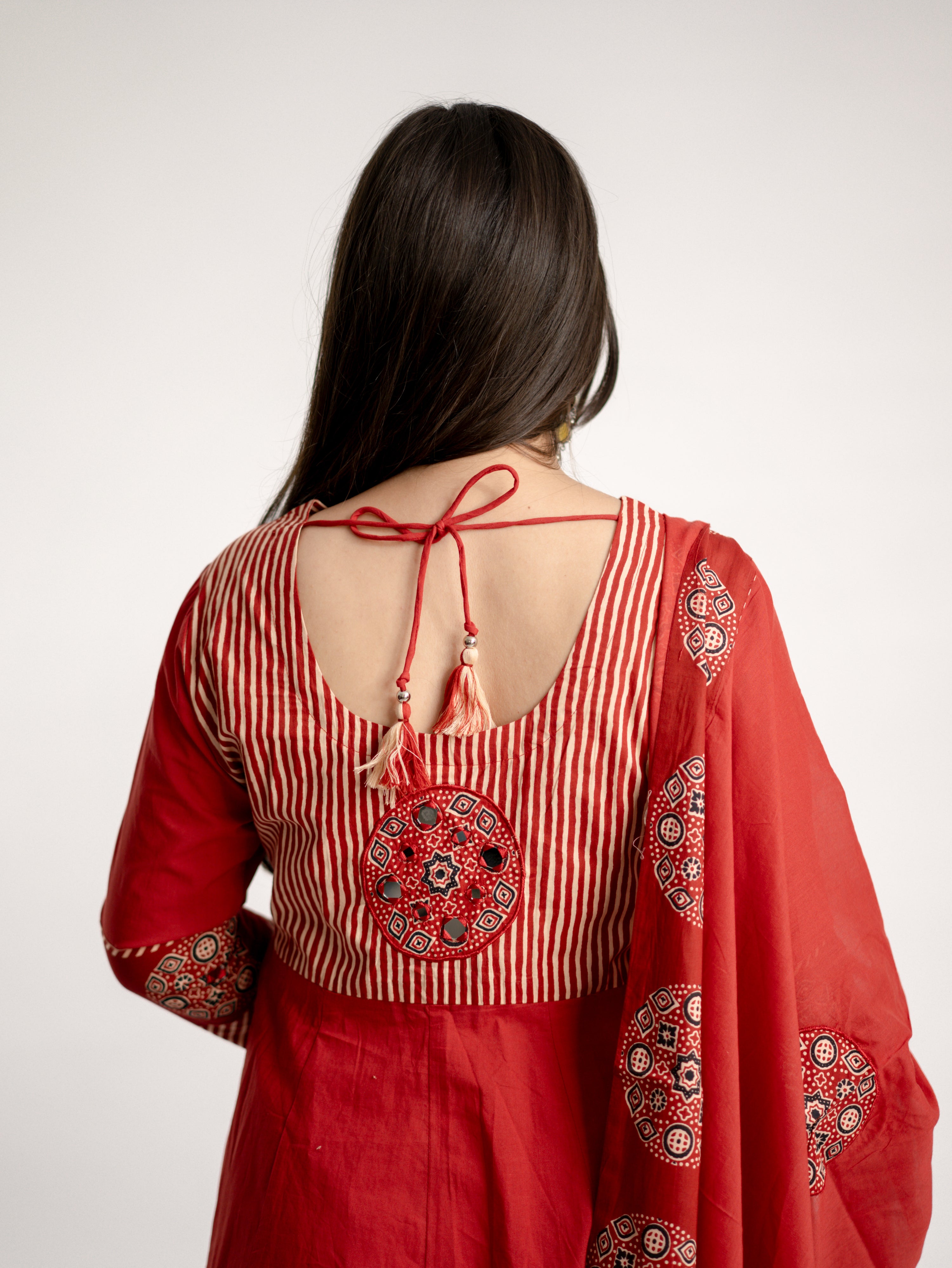 Aleena Red Cotton Embroidered Anarkali Dupatta Set