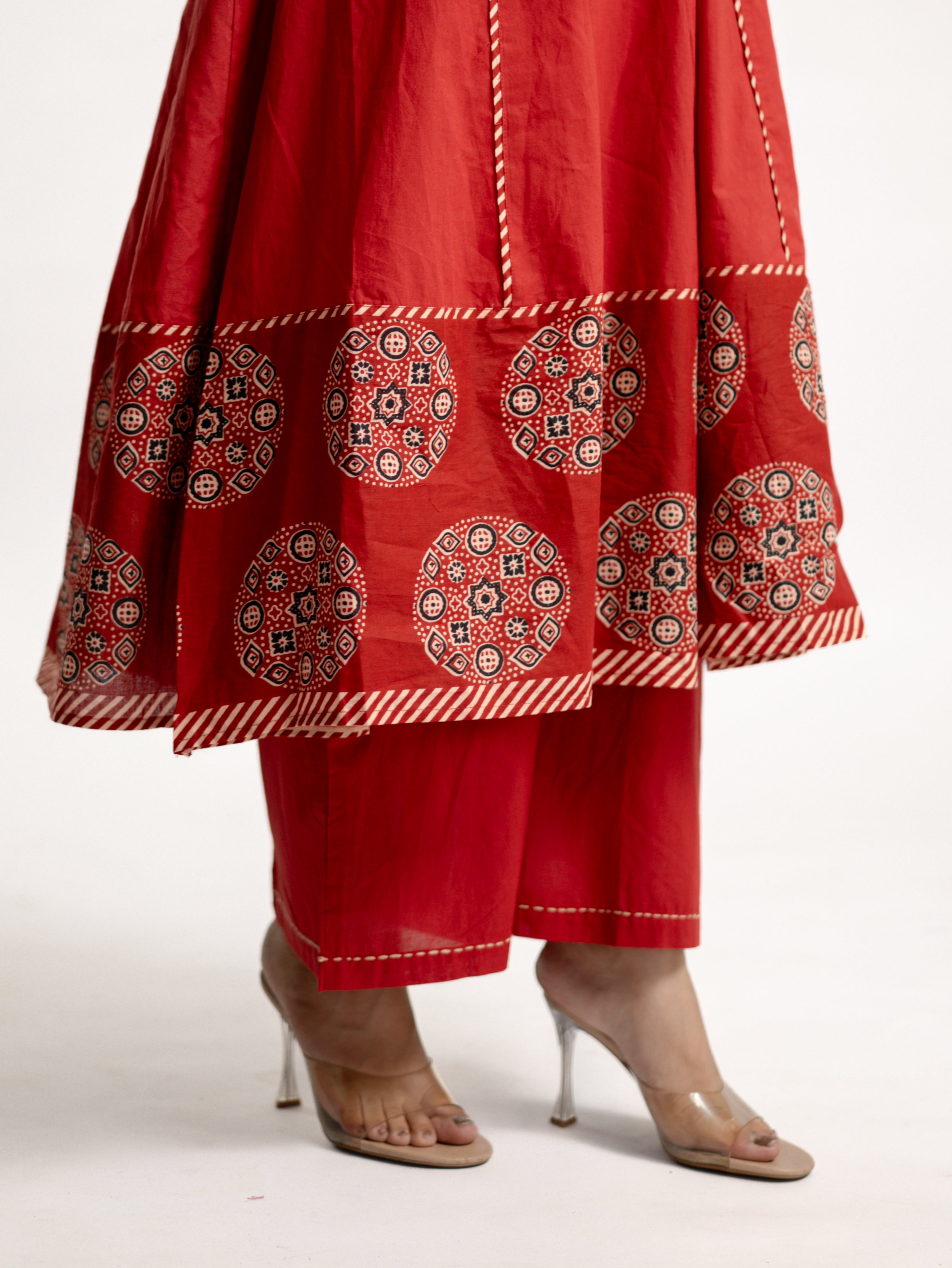 Aleena Red Cotton Embroidered Anarkali Dupatta Set