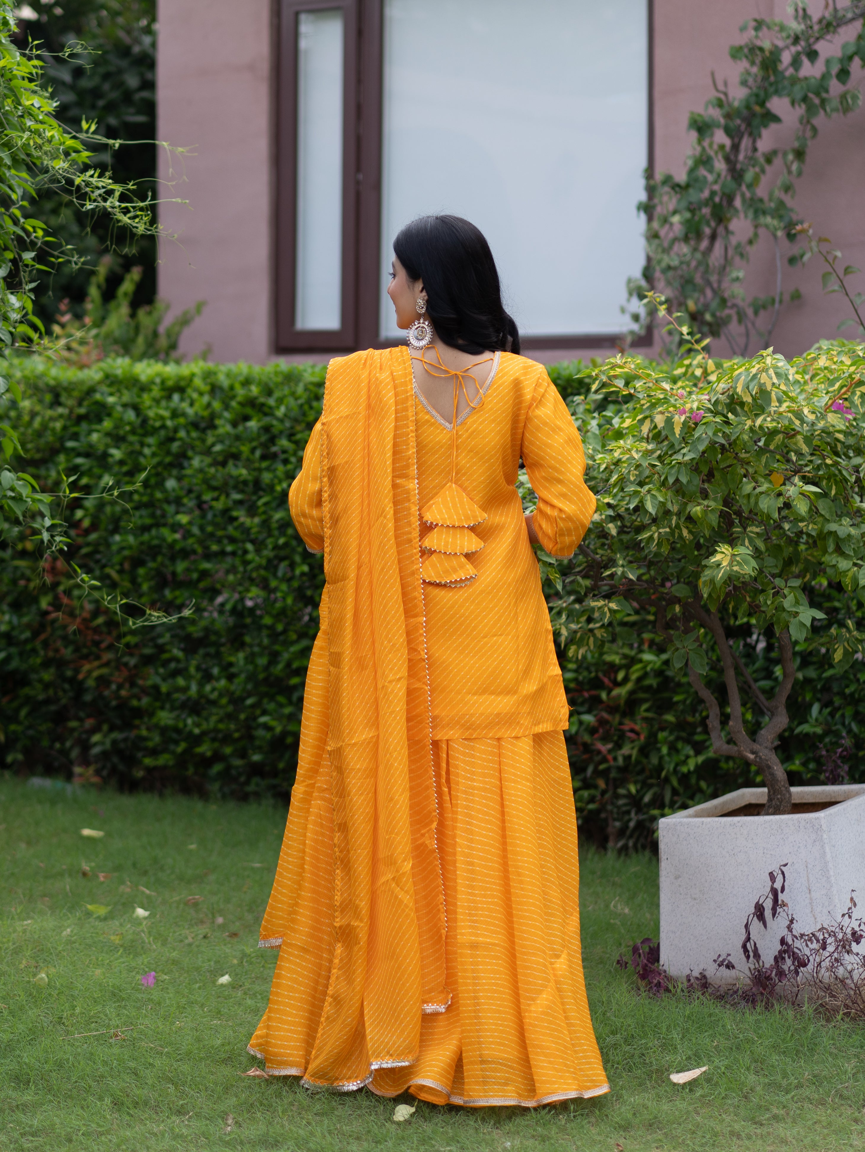 Noba Yellow Kota Doria Leheriya Lace Detailed Skirt Dupatta Set