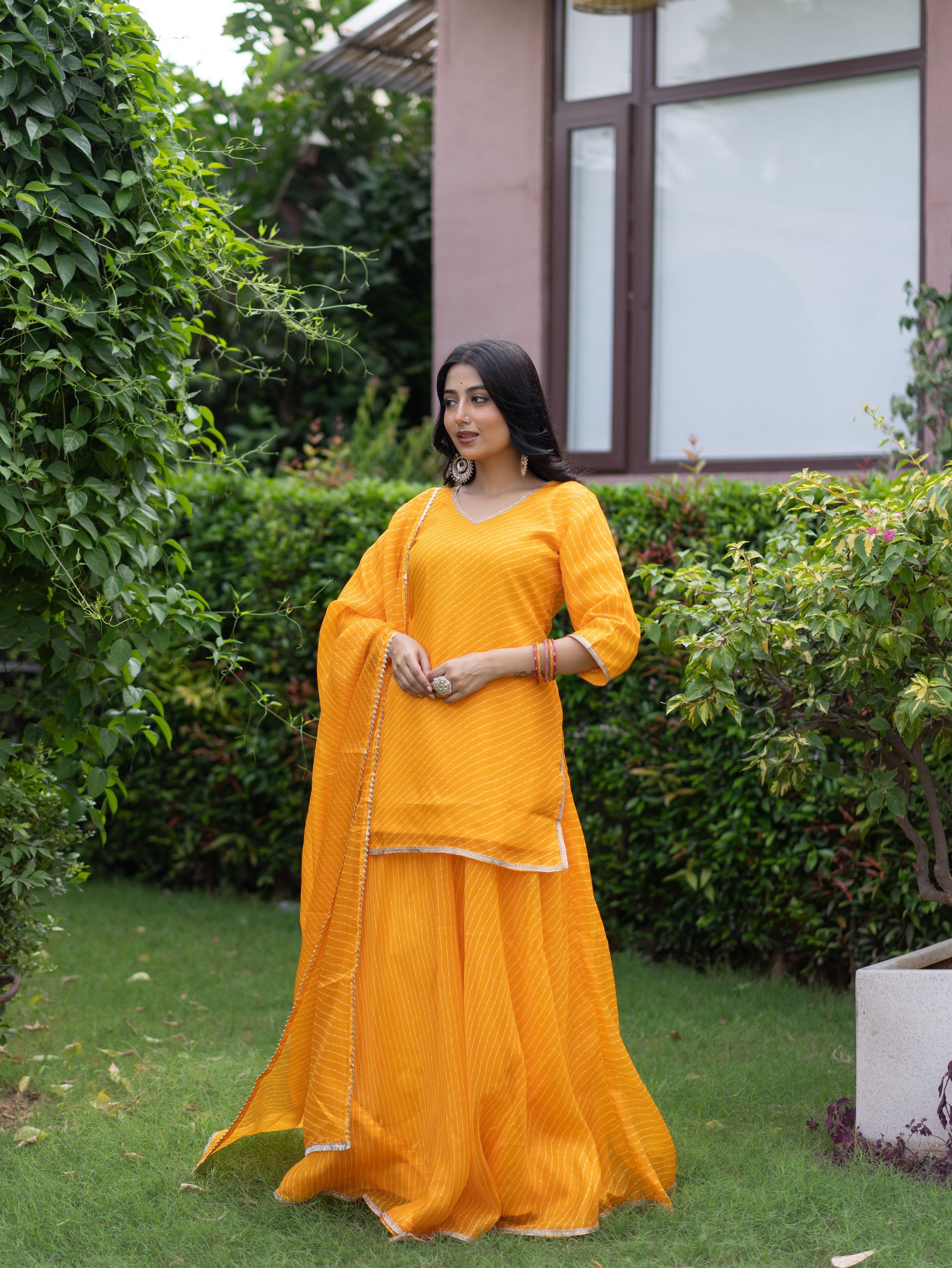 Noba Yellow Kota Doria Leheriya Lace Detailed Skirt Dupatta Set
