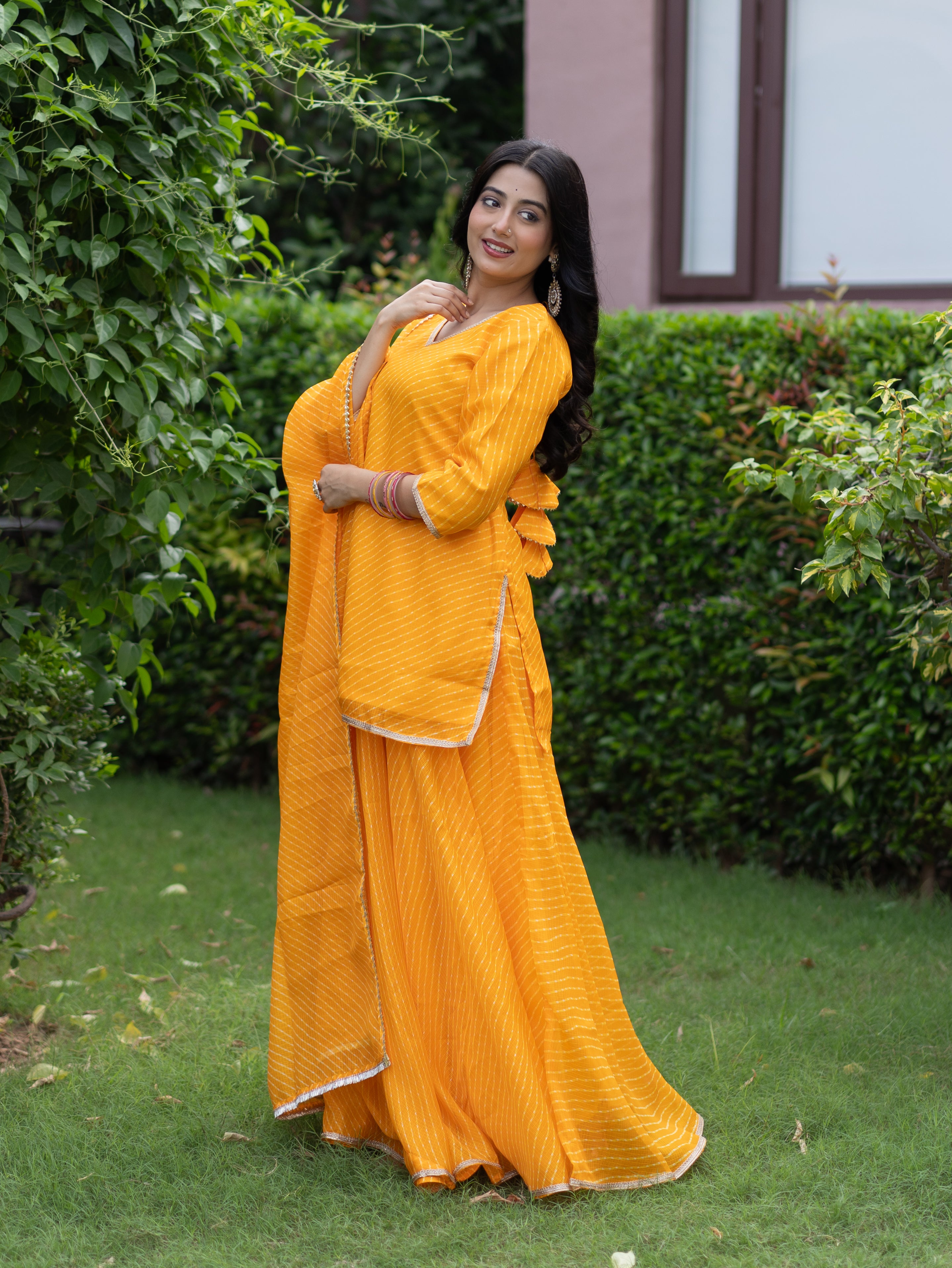 Noba Yellow Kota Doria Leheriya Lace Detailed Skirt Dupatta Set