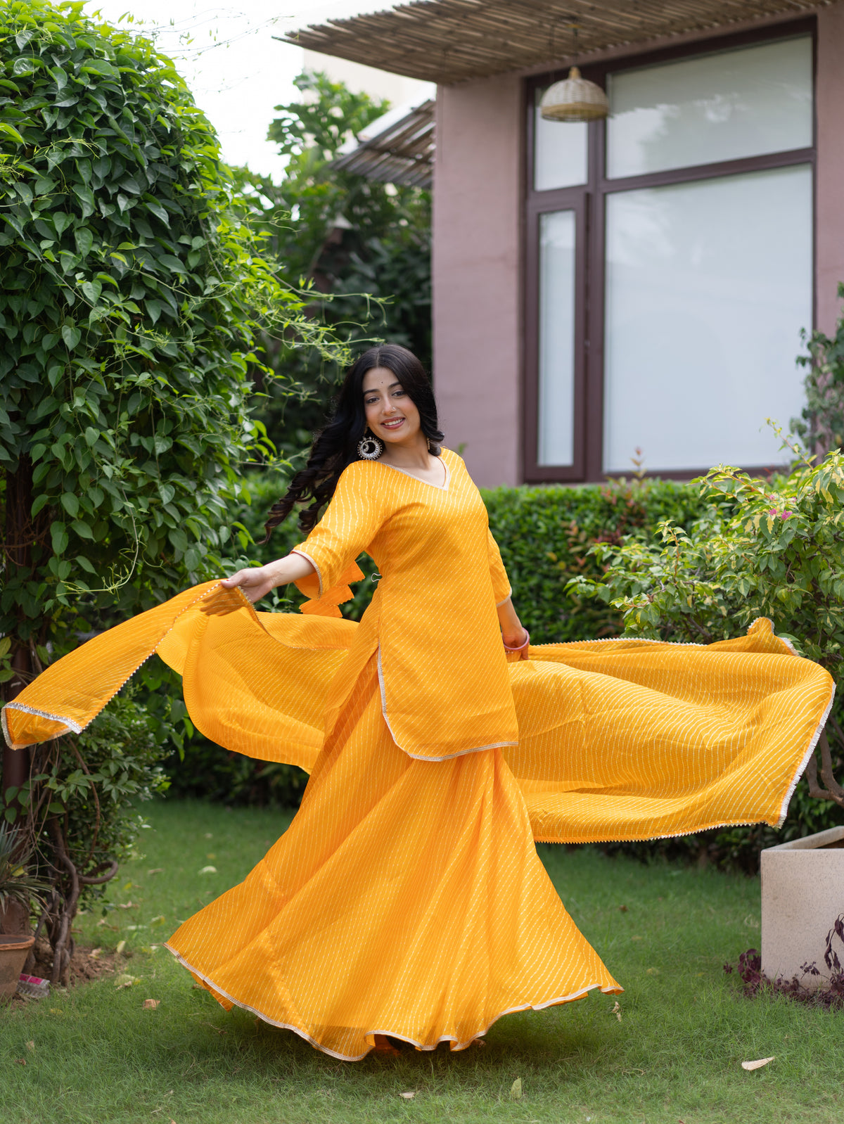 Noba Yellow Kota Doria Leheriya Lace Detailed Skirt Dupatta Set