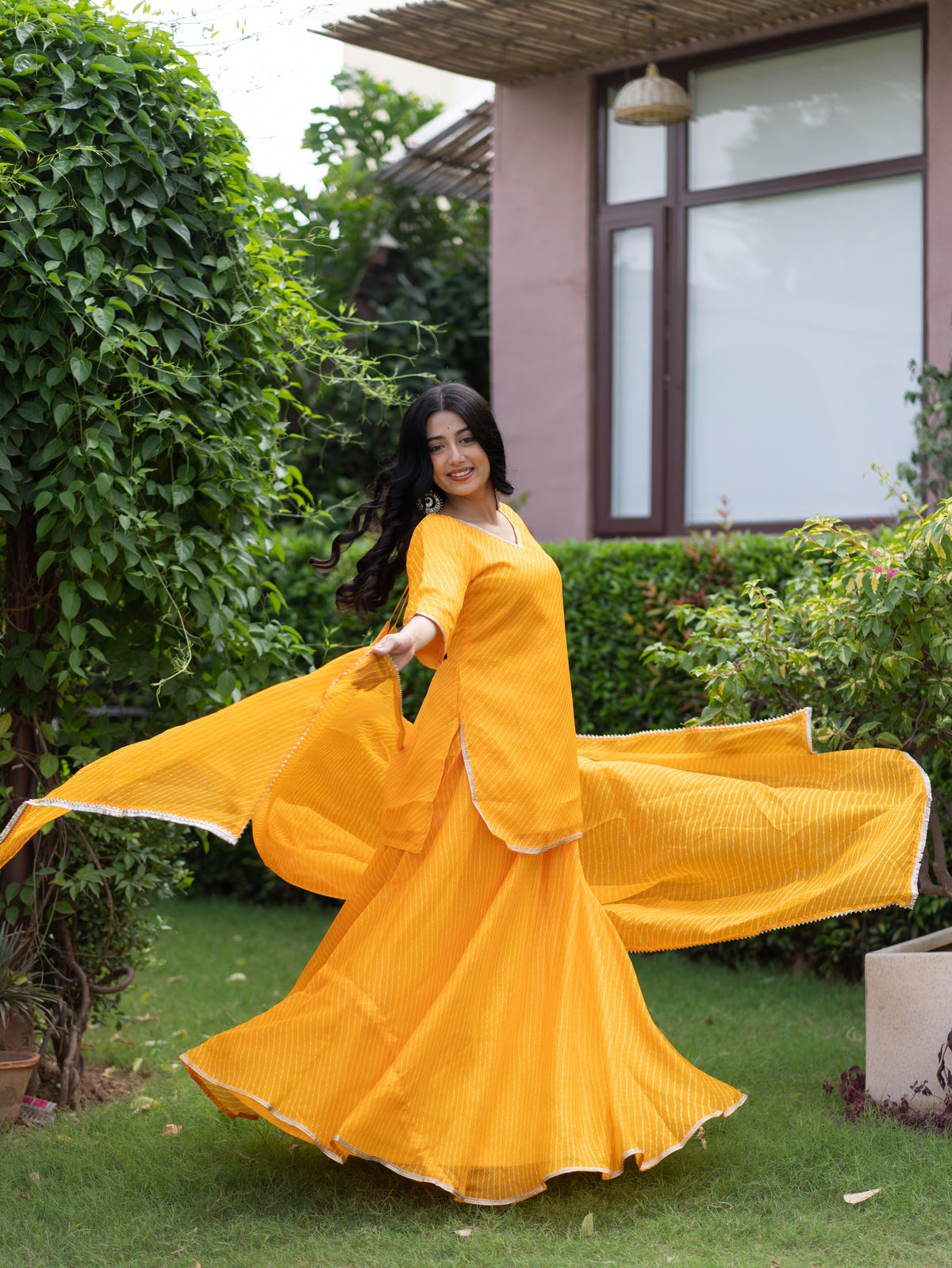 Noba Yellow Kota Doria Leheriya Lace Detailed Skirt Dupatta Set