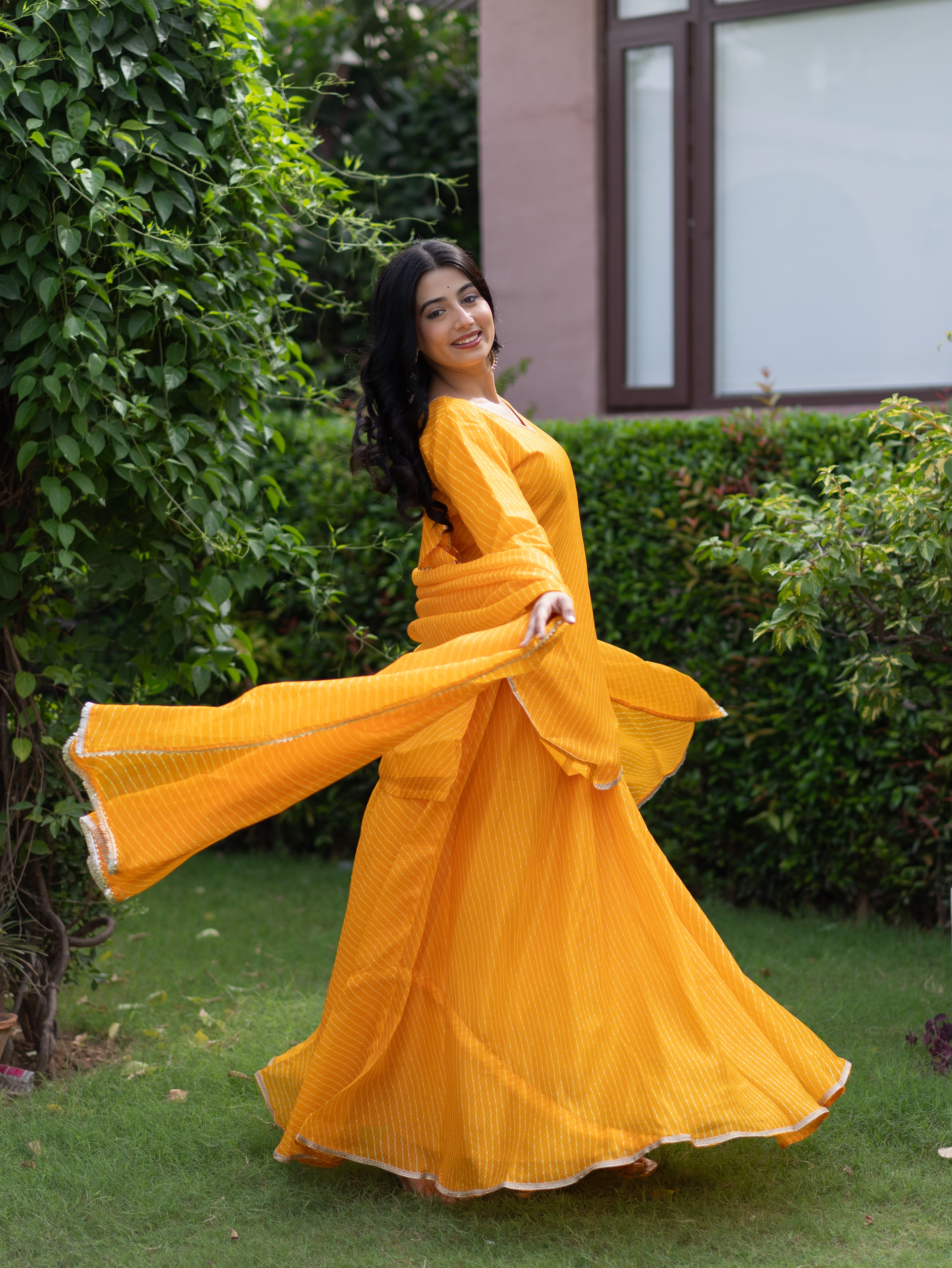 Noba Yellow Kota Doria Leheriya Lace Detailed Skirt Dupatta Set