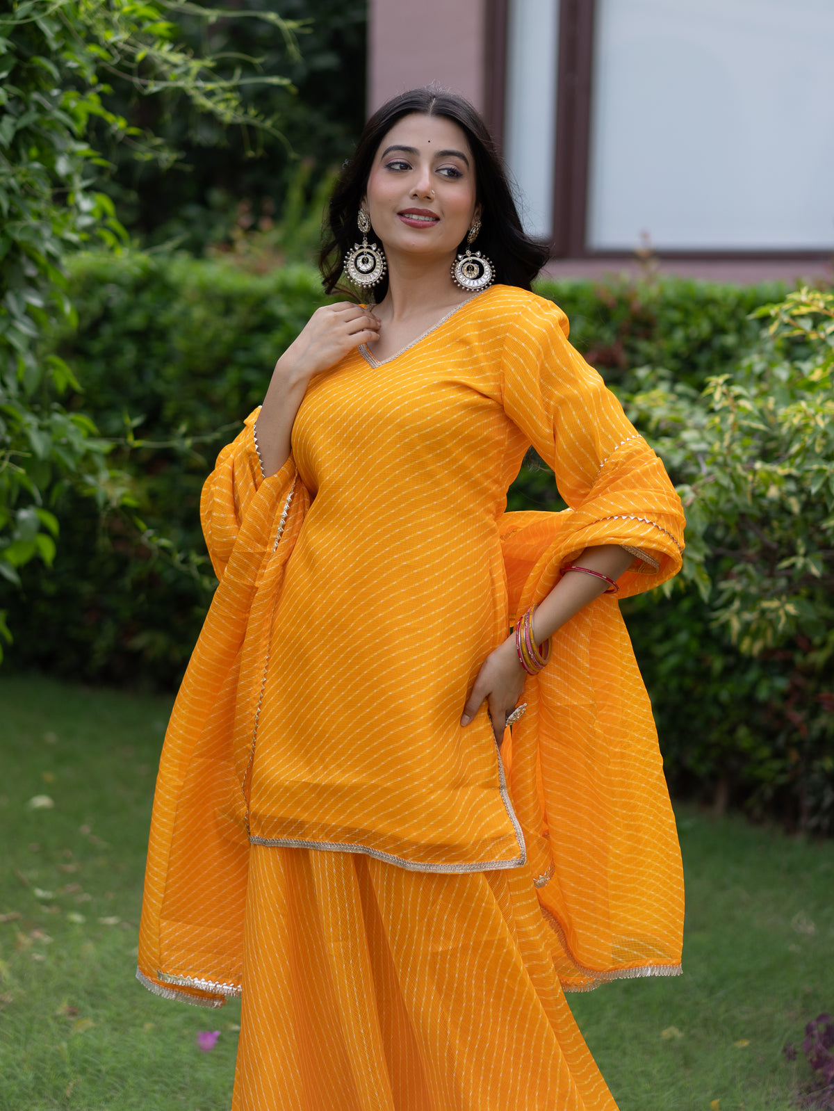 Noba Yellow Kota Doria Leheriya Lace Detailed Skirt Dupatta Set