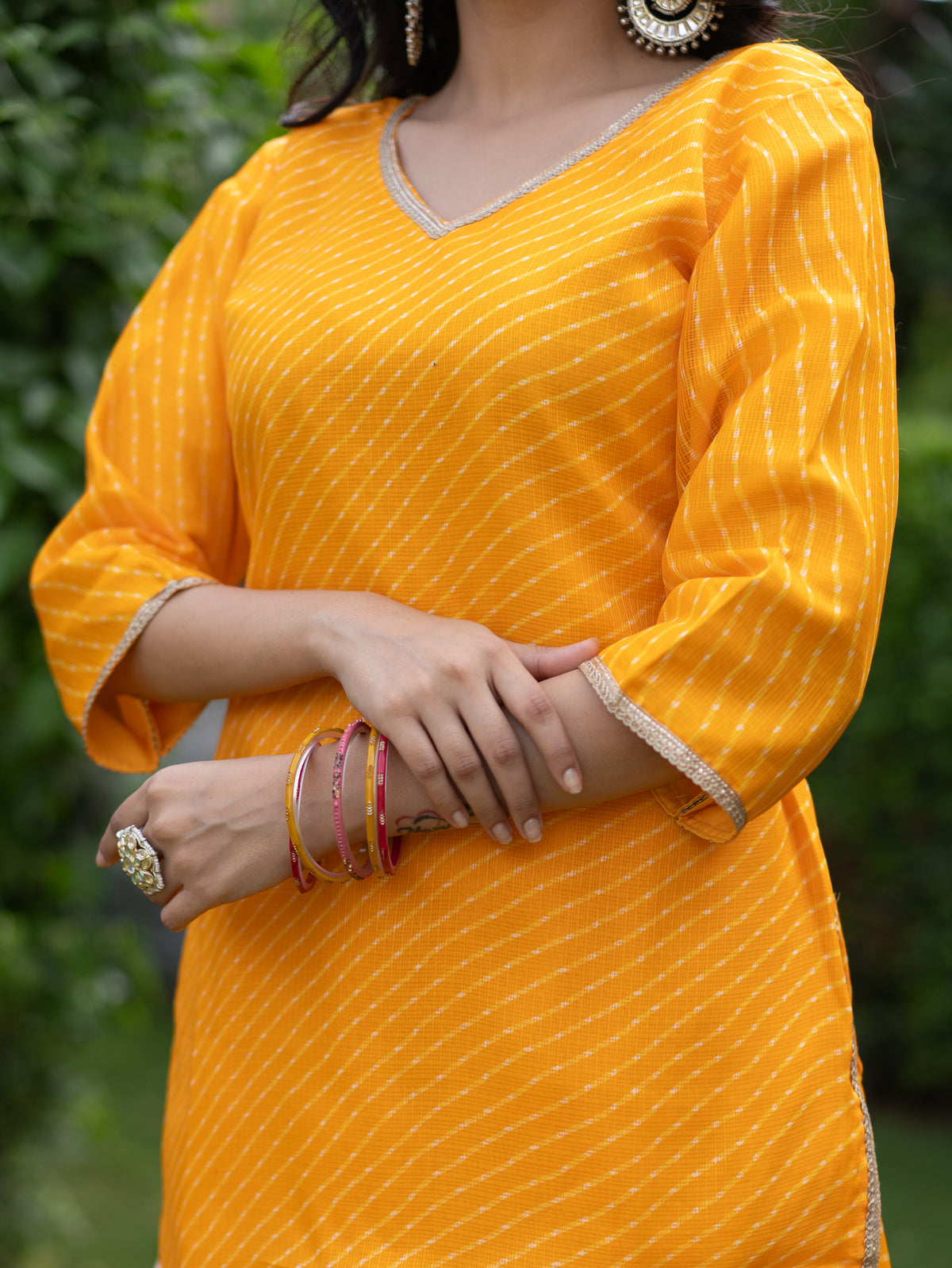 Noba Yellow Kota Doria Leheriya Lace Detailed Skirt Dupatta Set
