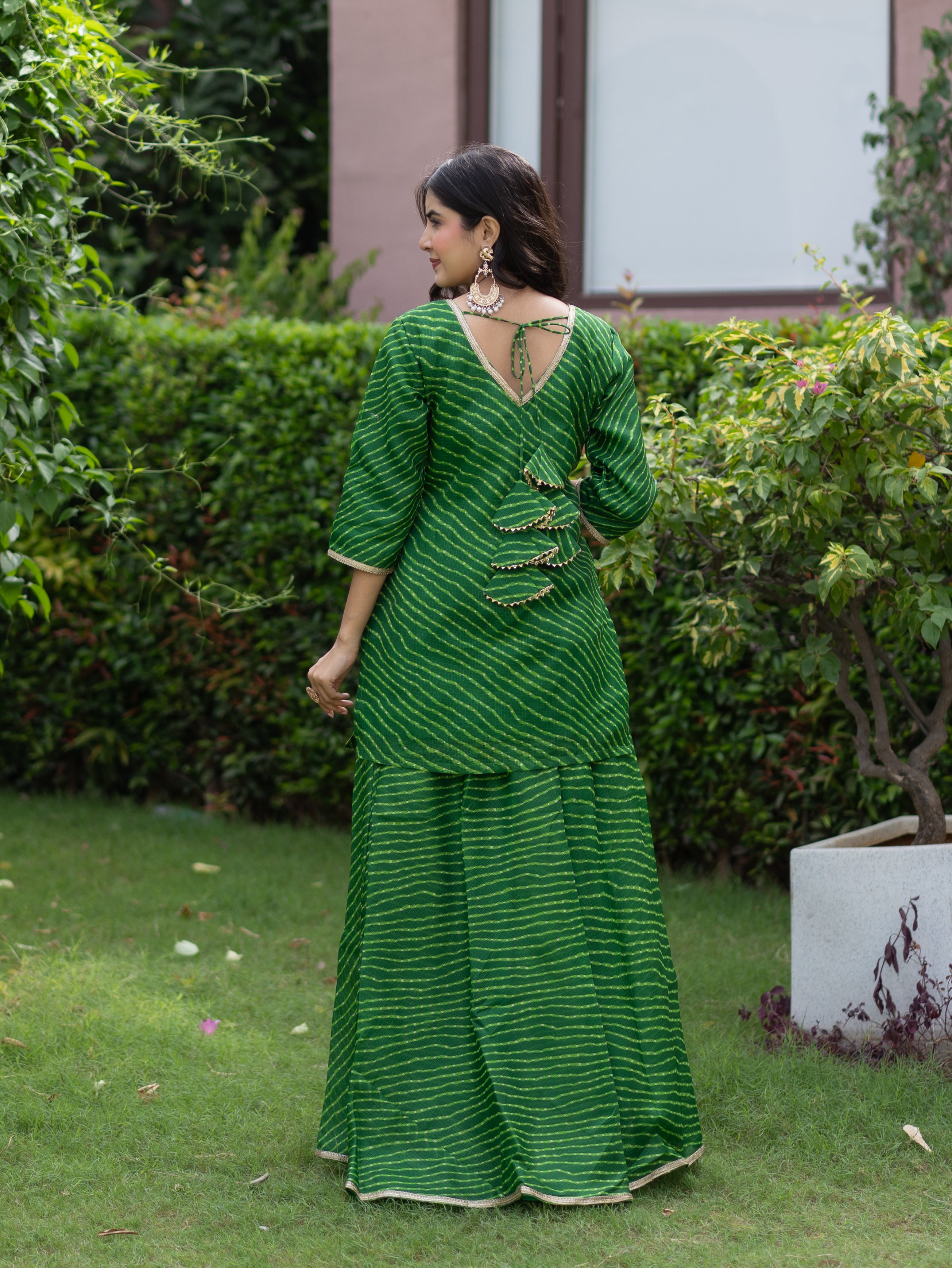Noba Green Kota Doria Leheriya Lace Detailed Skirt Dupatta Set