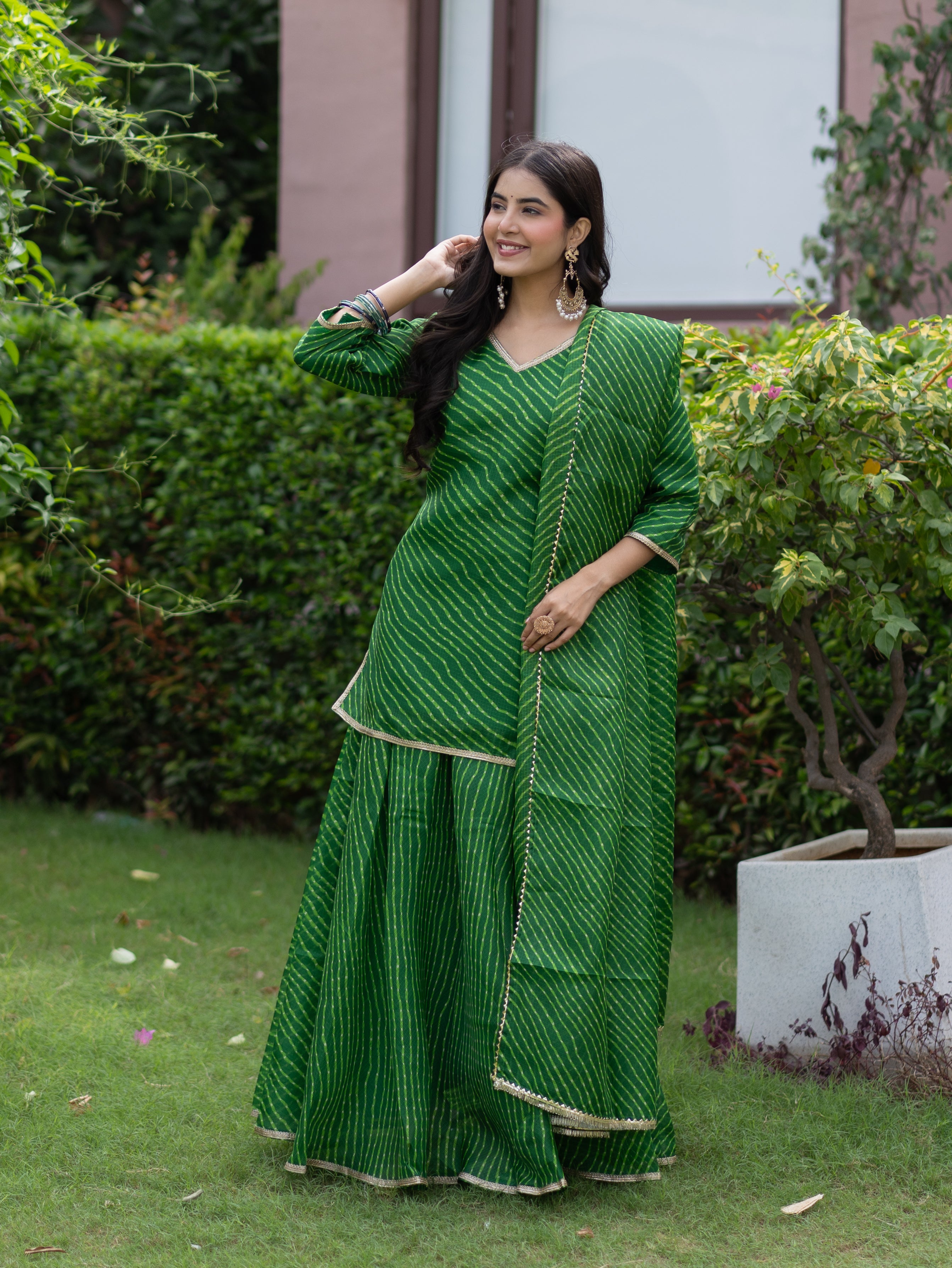 Noba Green Kota Doria Leheriya Lace Detailed Skirt Dupatta Set