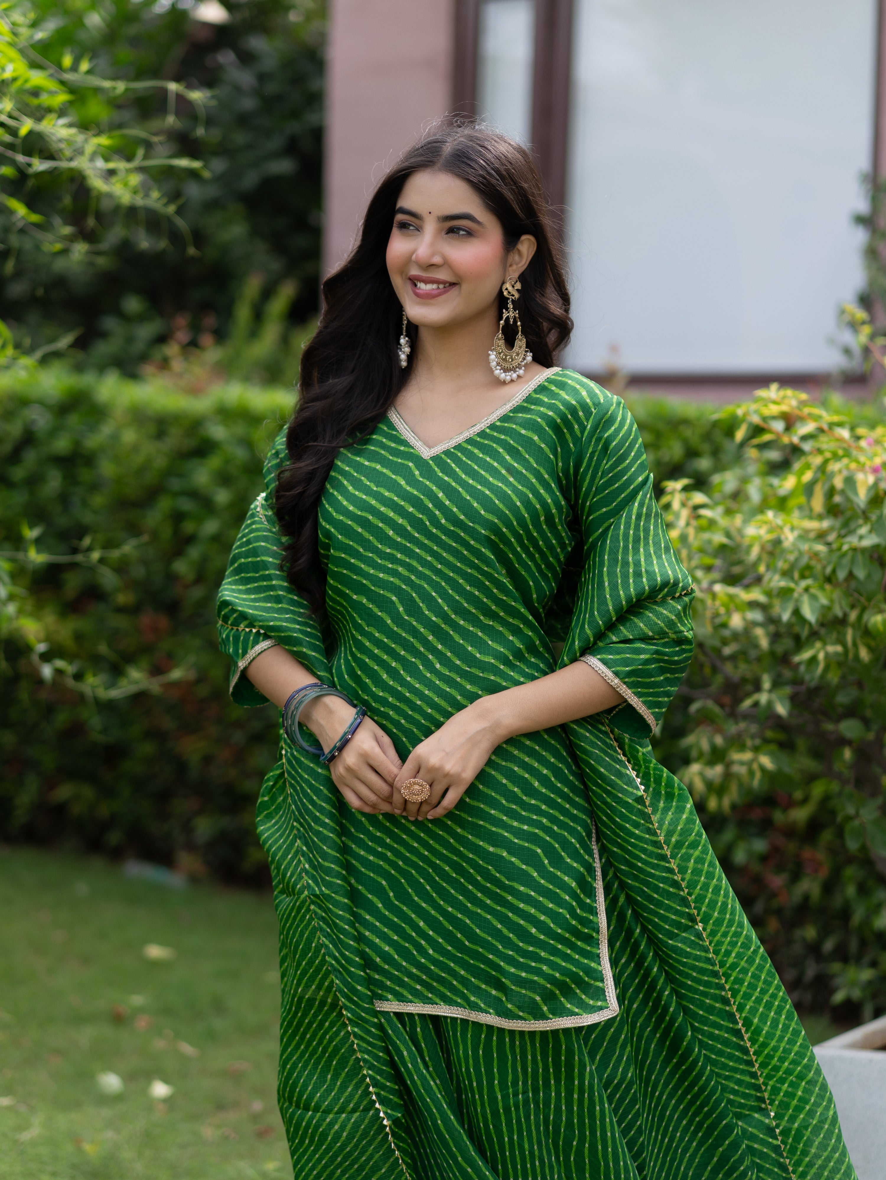Noba Green Kota Doria Leheriya Lace Detailed Skirt Dupatta Set