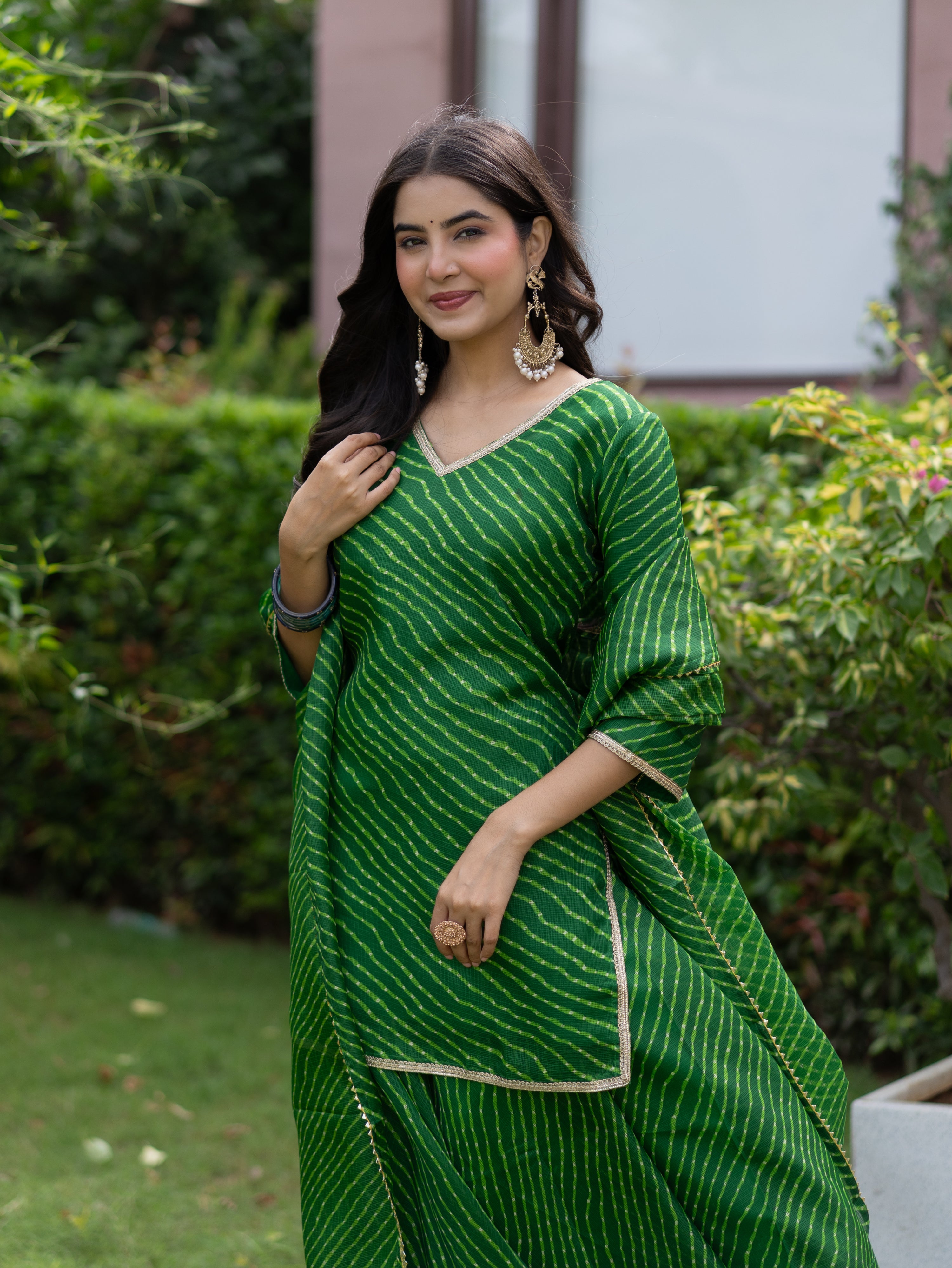 Noba Green Kota Doria Leheriya Lace Detailed Skirt Dupatta Set