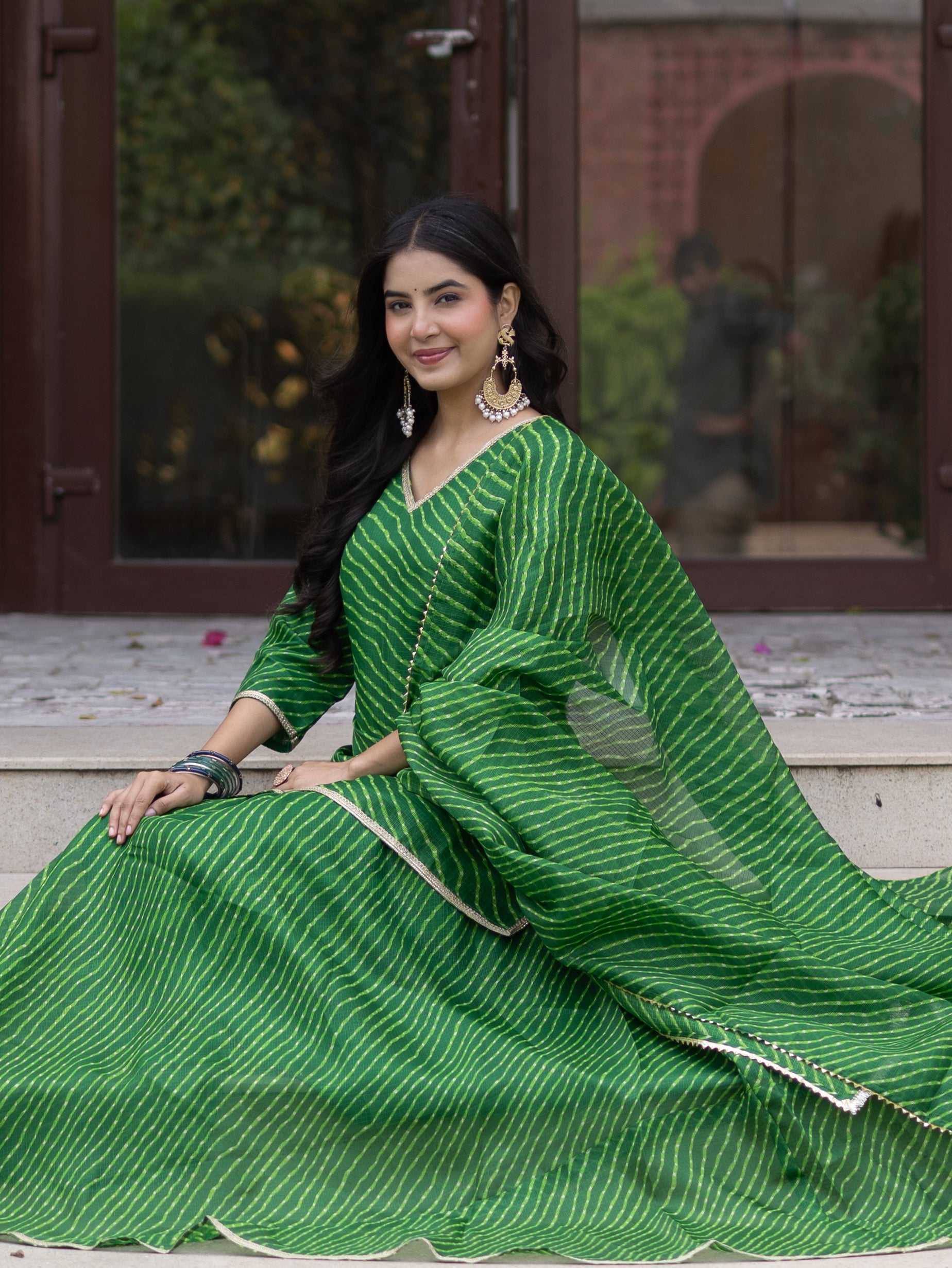 Noba Green Kota Doria Leheriya Lace Detailed Skirt Dupatta Set