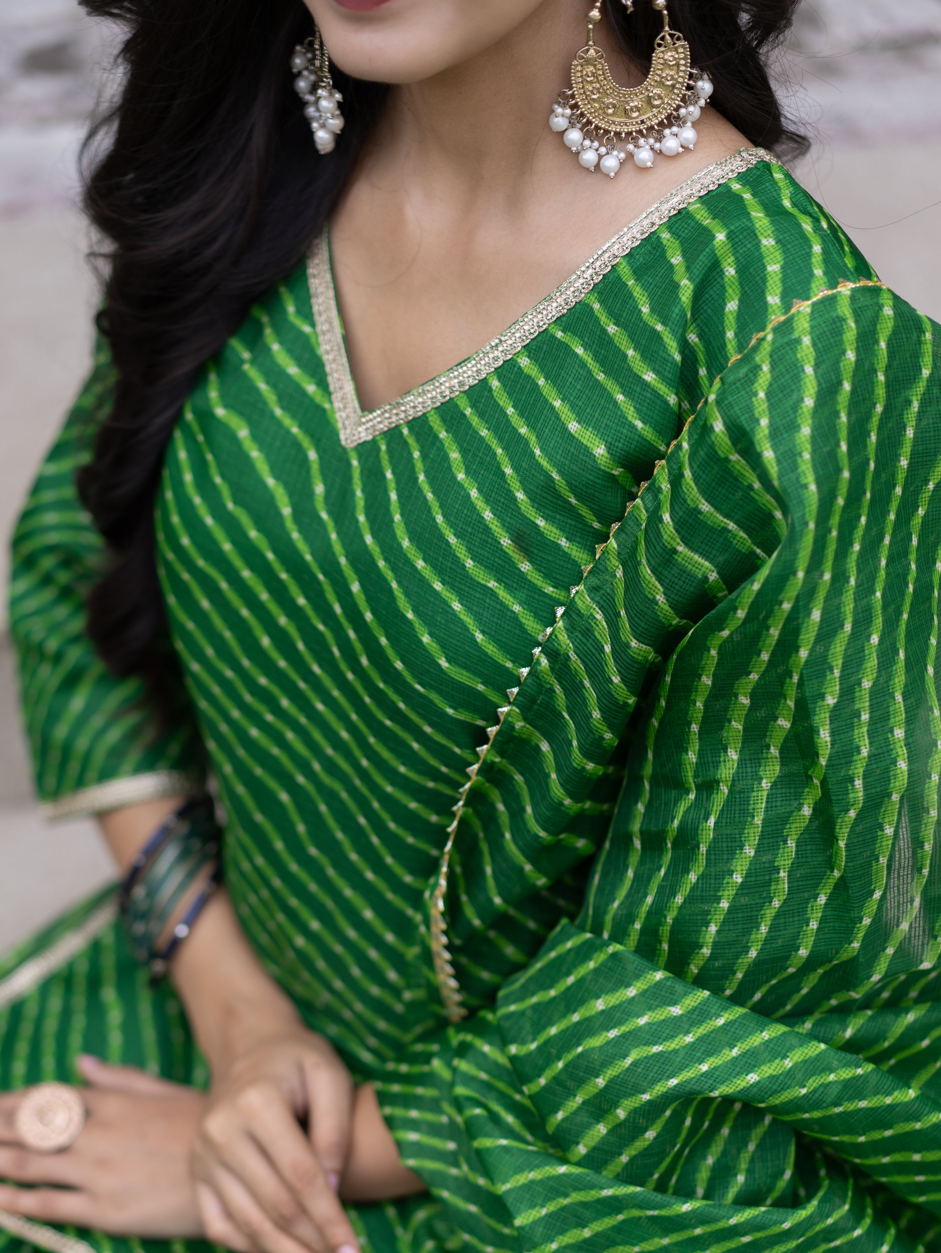 Noba Green Kota Doria Leheriya Lace Detailed Skirt Dupatta Set