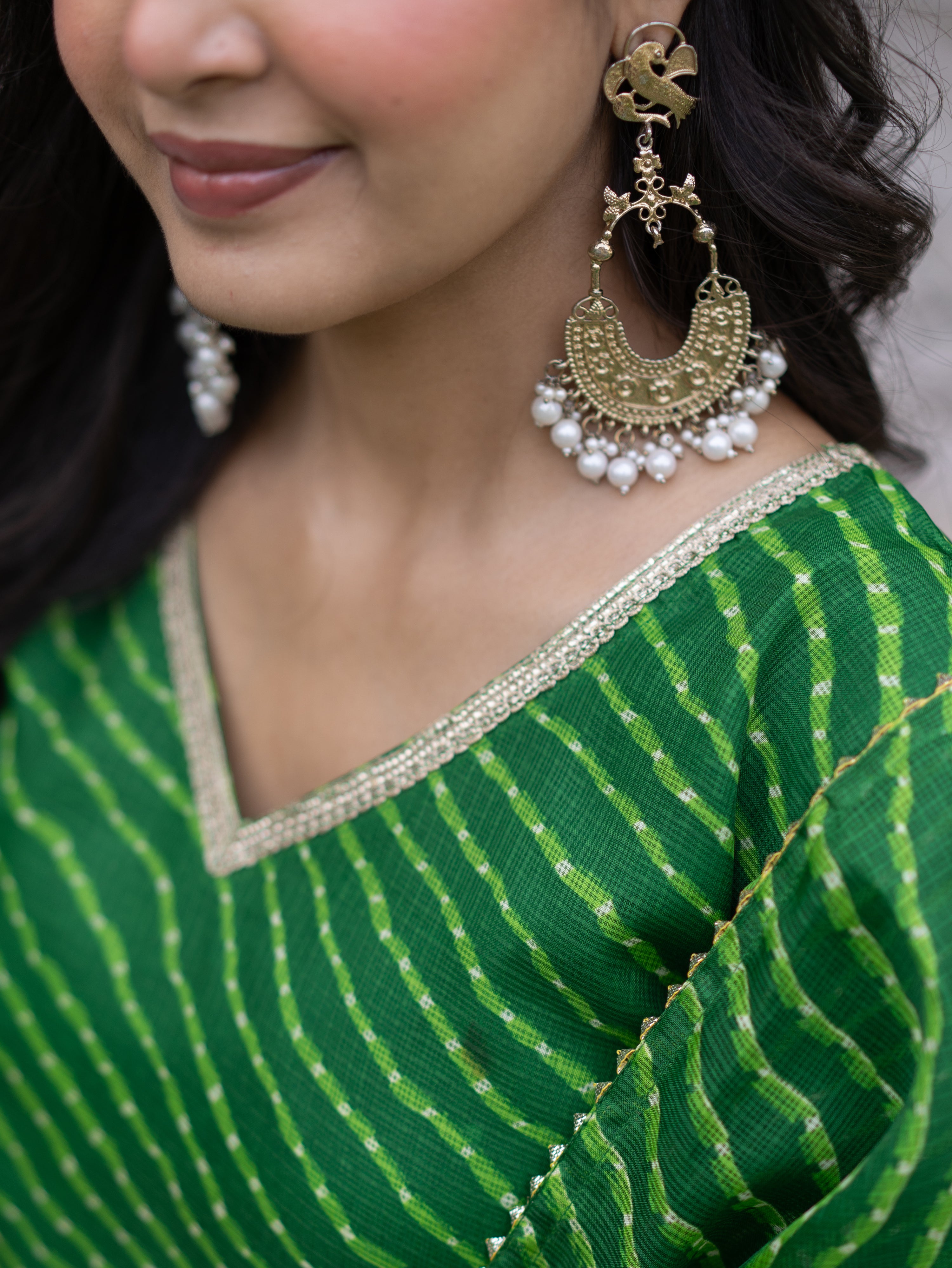 Noba Green Kota Doria Leheriya Lace Detailed Skirt Dupatta Set