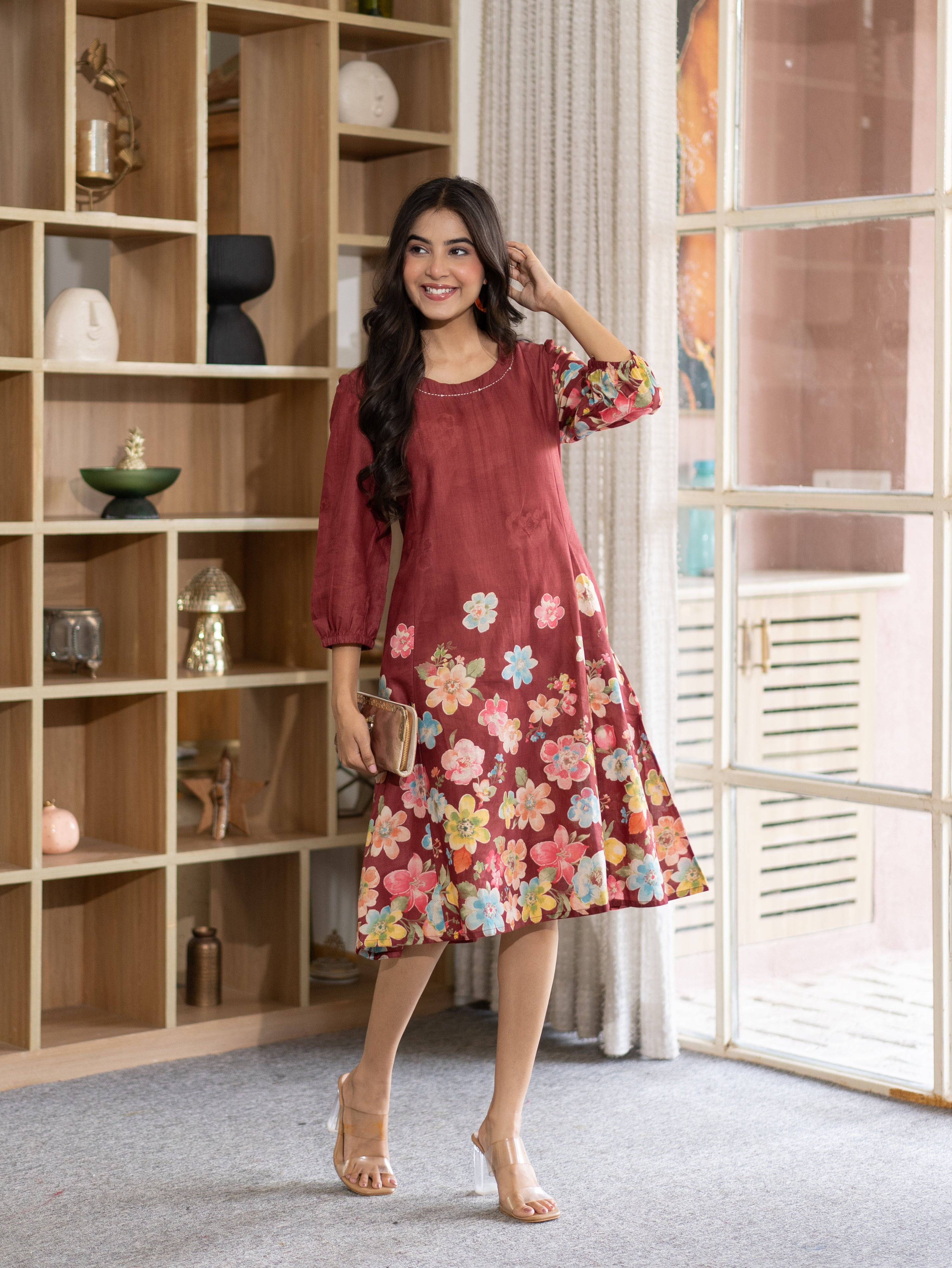 Roza Red Cotton Floral A-line Kurta
