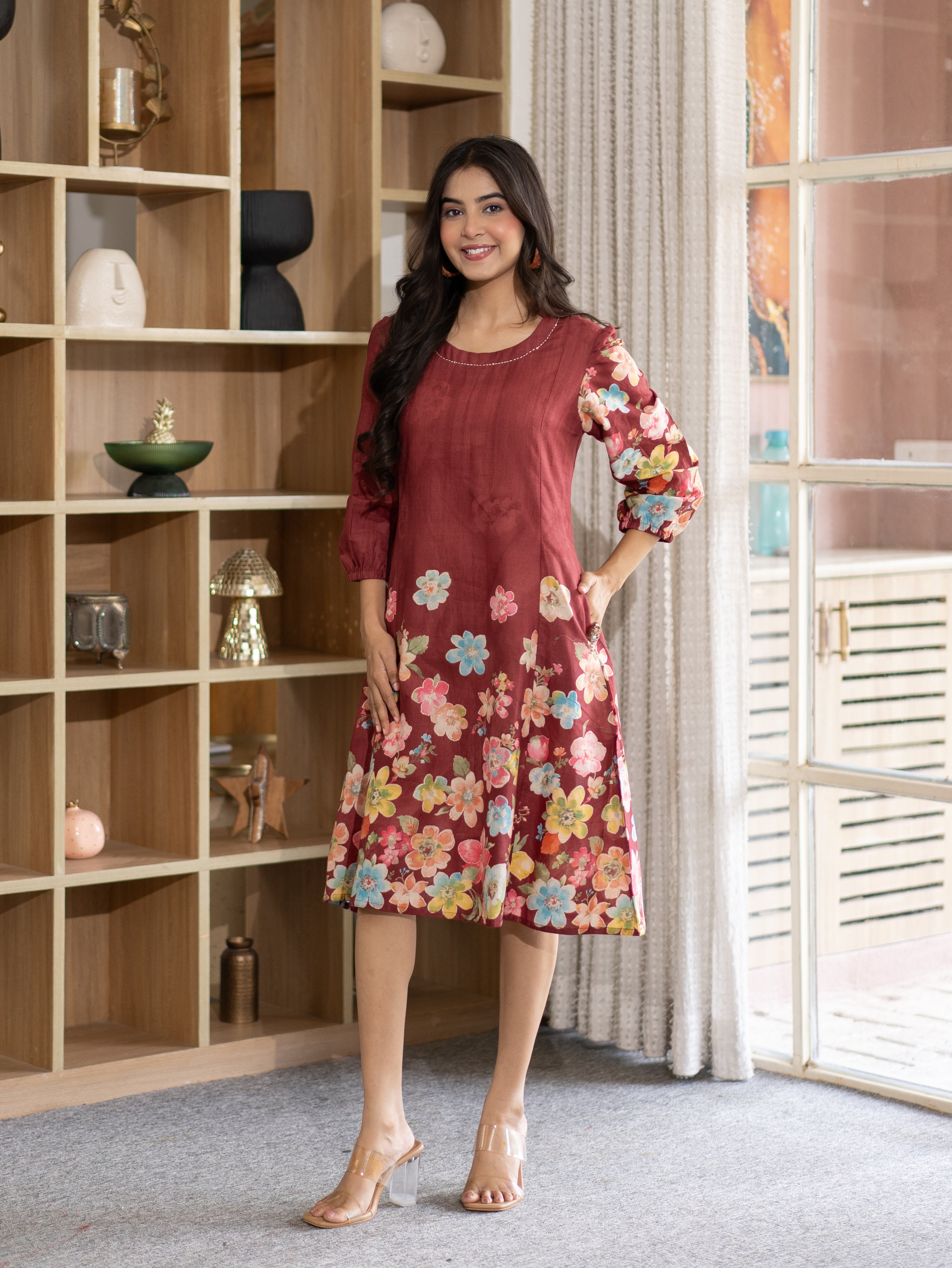 Roza Red Cotton Floral A-line Kurta