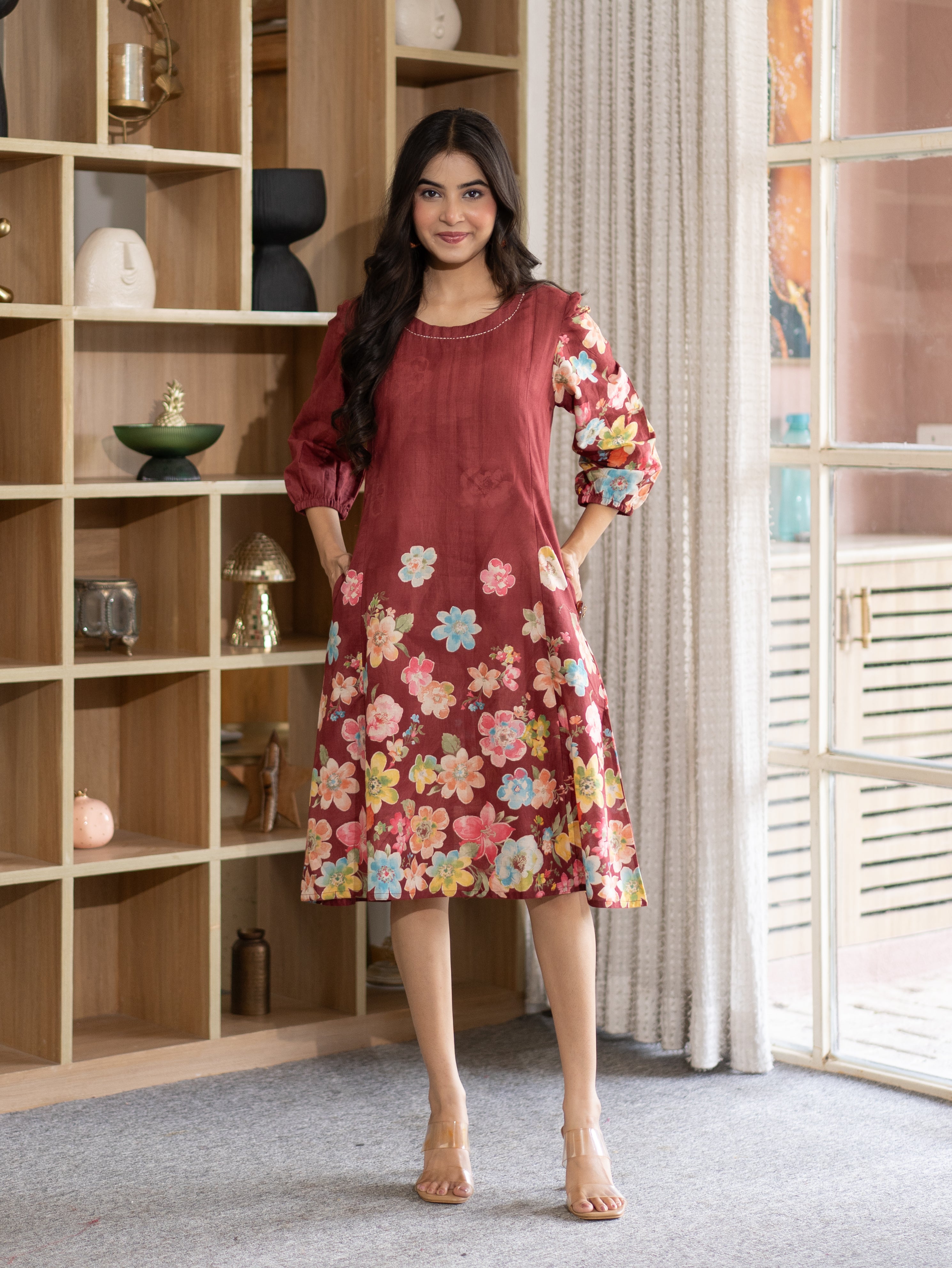 Roza Red Cotton Floral A-line Kurta