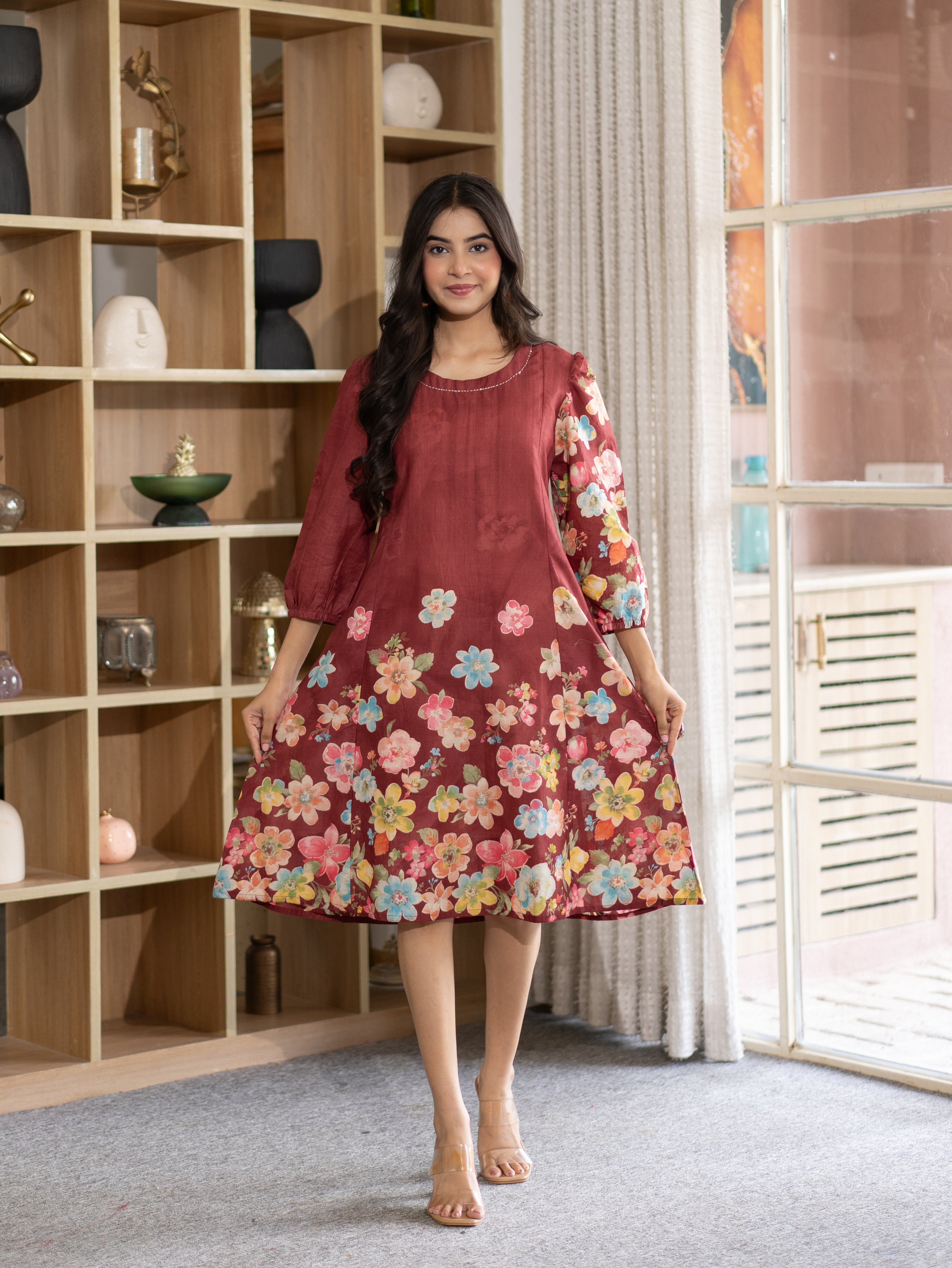 Roza Red Cotton Floral A-line Kurta