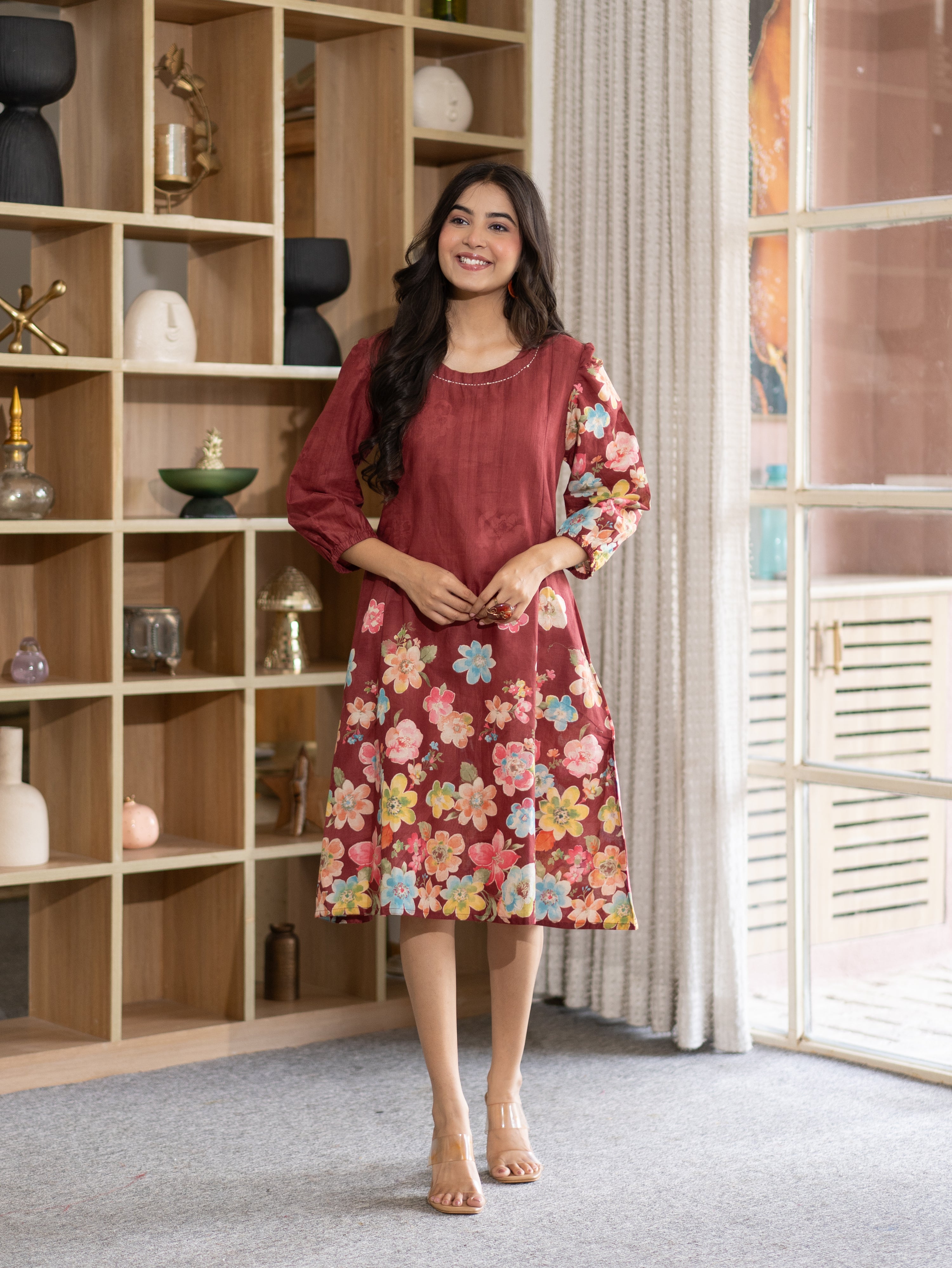Roza Red Cotton Floral A-line Kurta