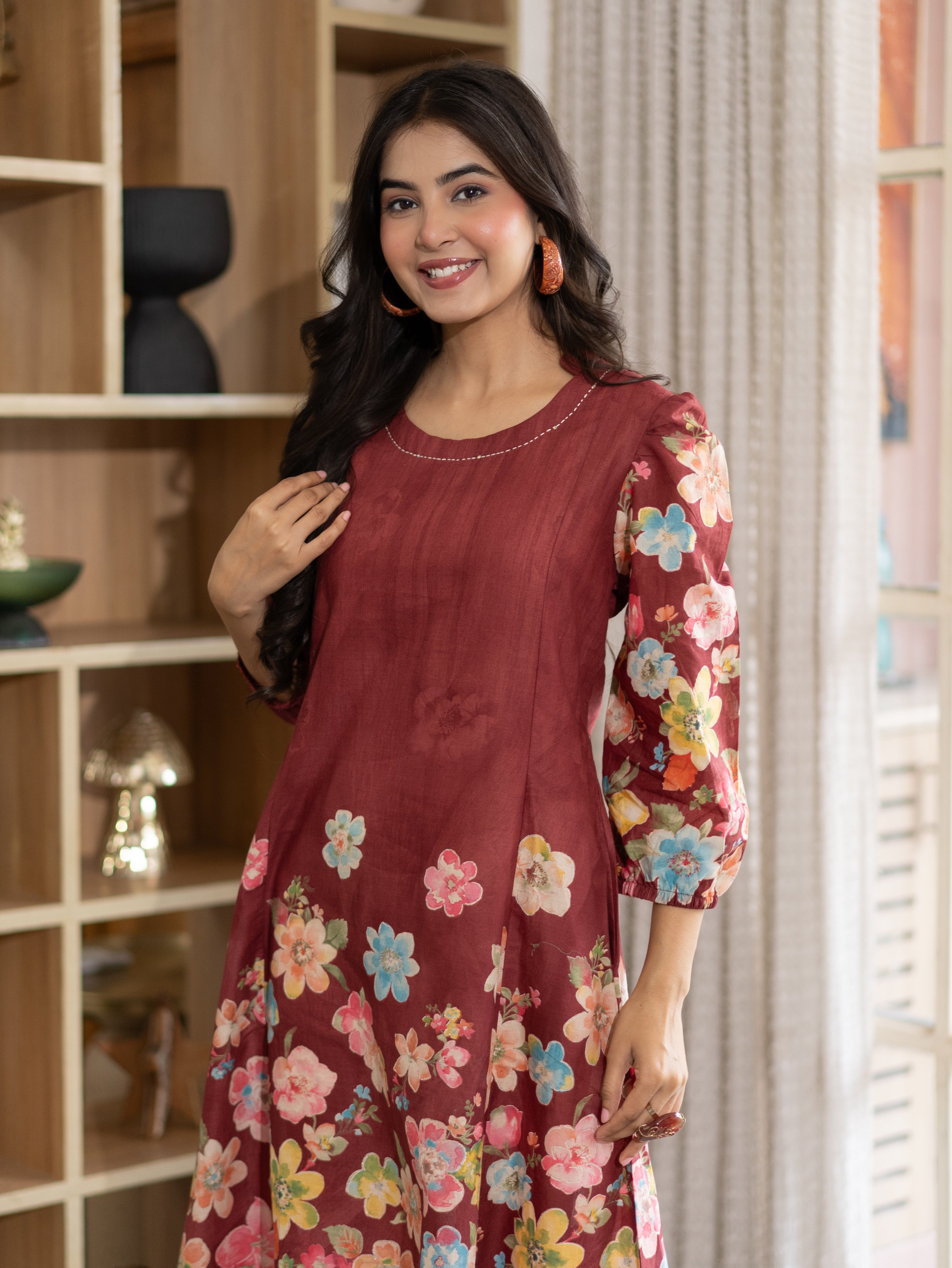 Roza Red Cotton Floral A-line Kurta