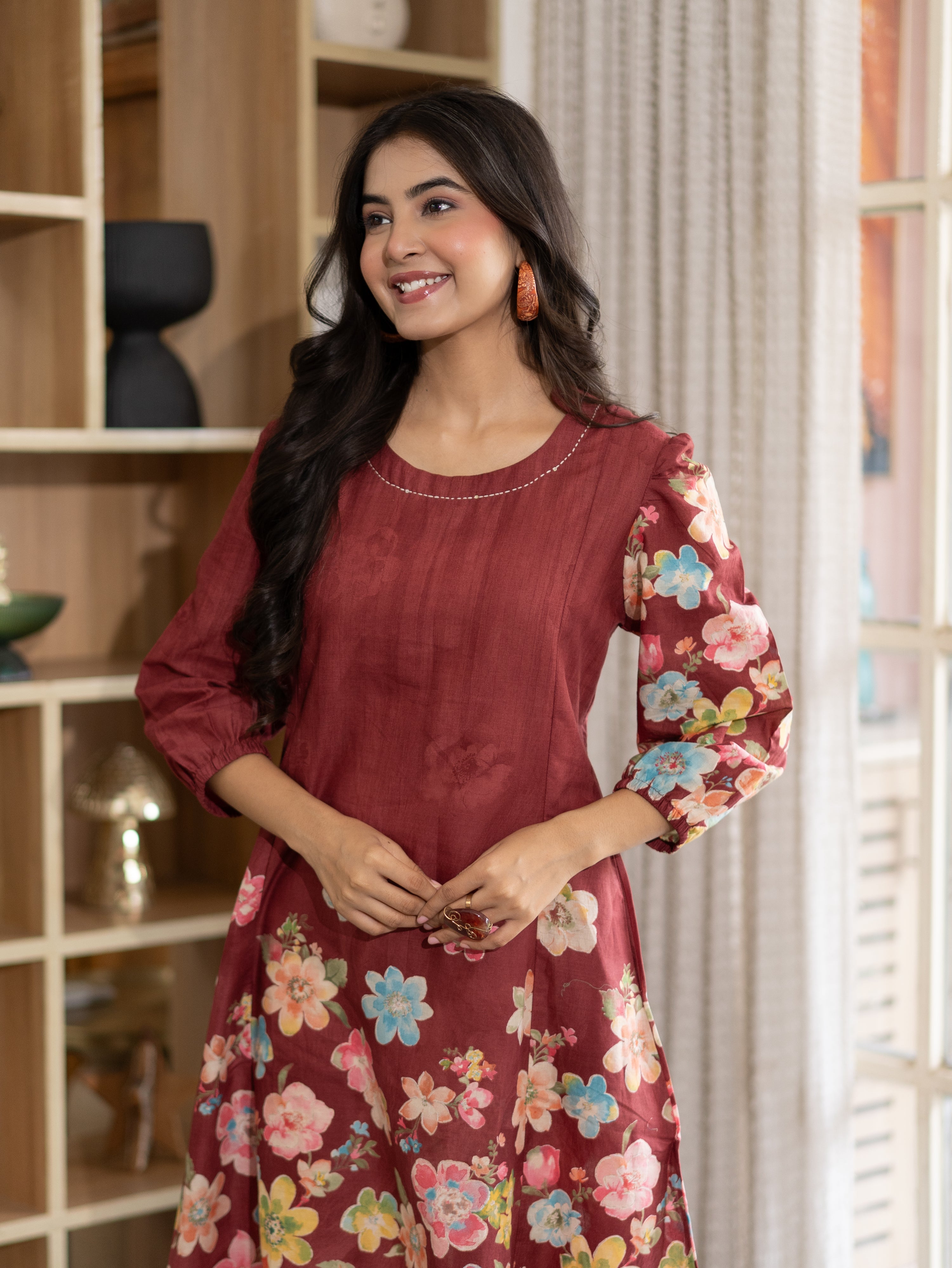 Roza Red Cotton Floral A-line Kurta