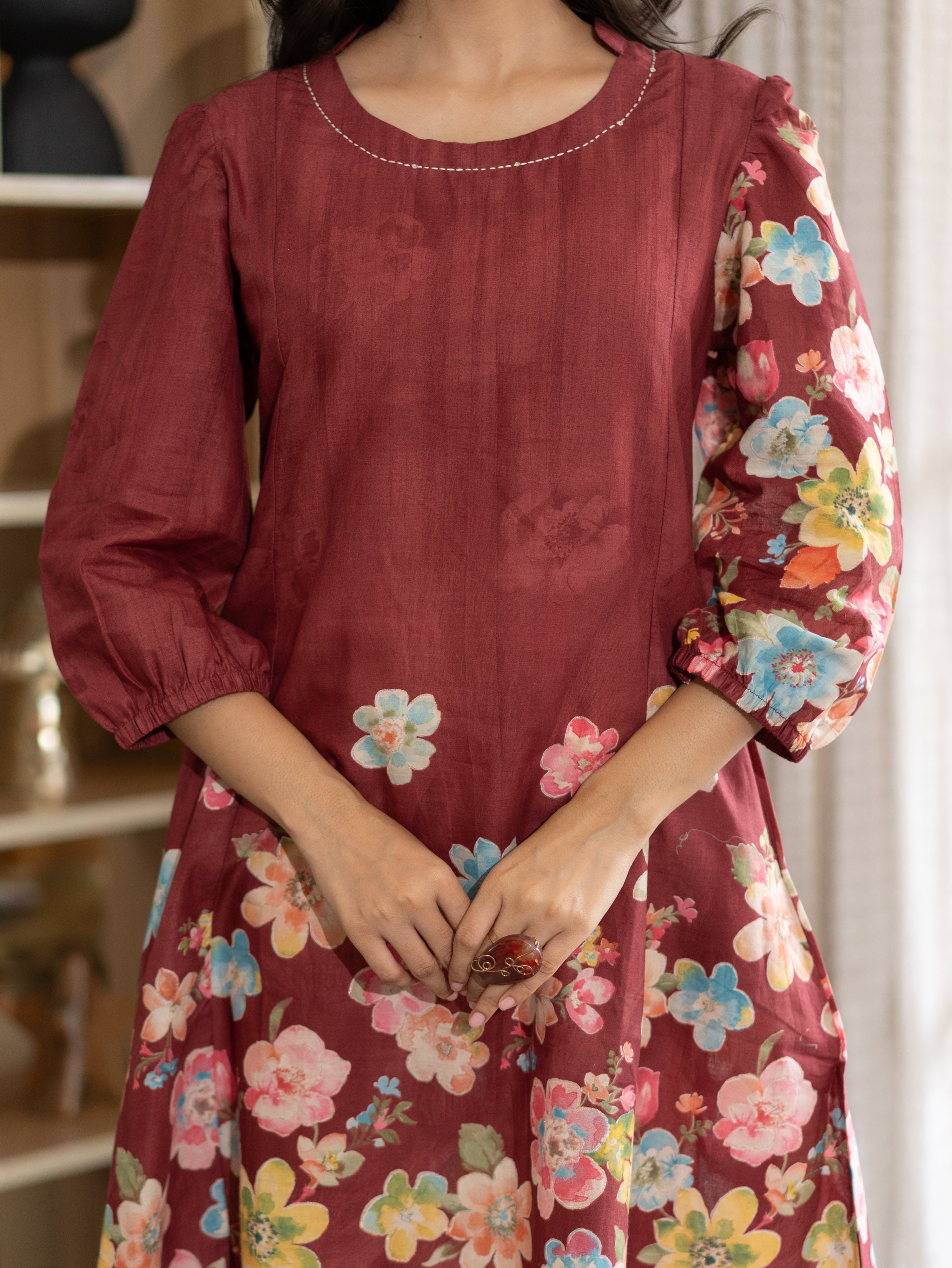 Roza Red Cotton Floral A-line Kurta