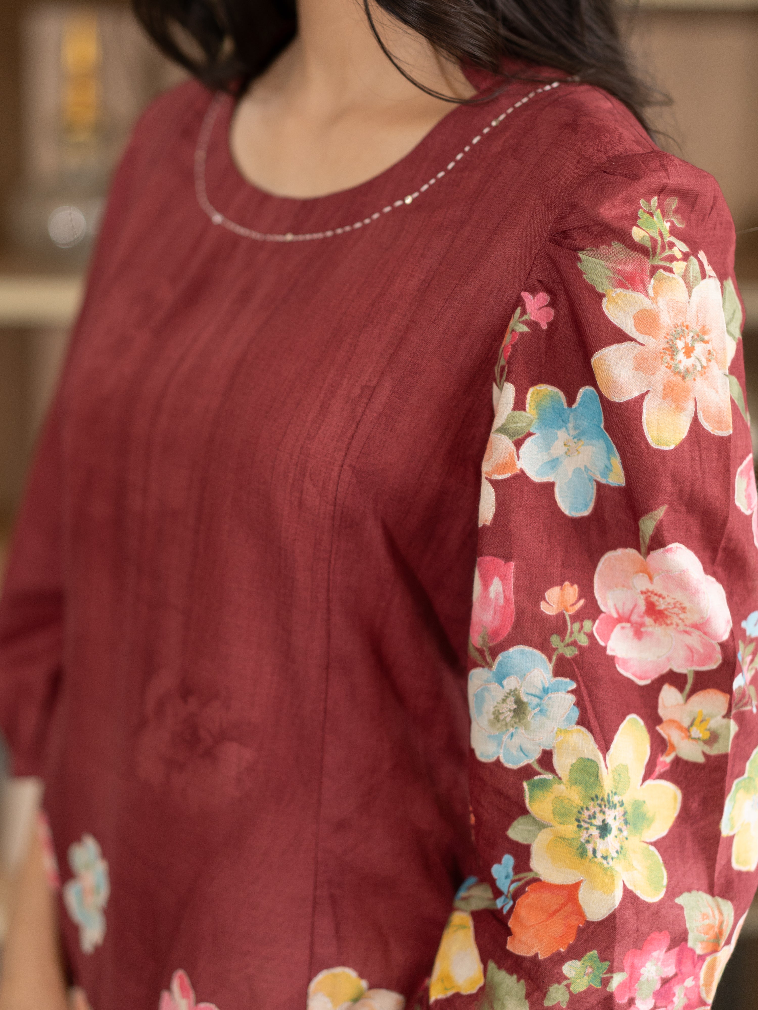 Roza Red Cotton Floral A-line Kurta