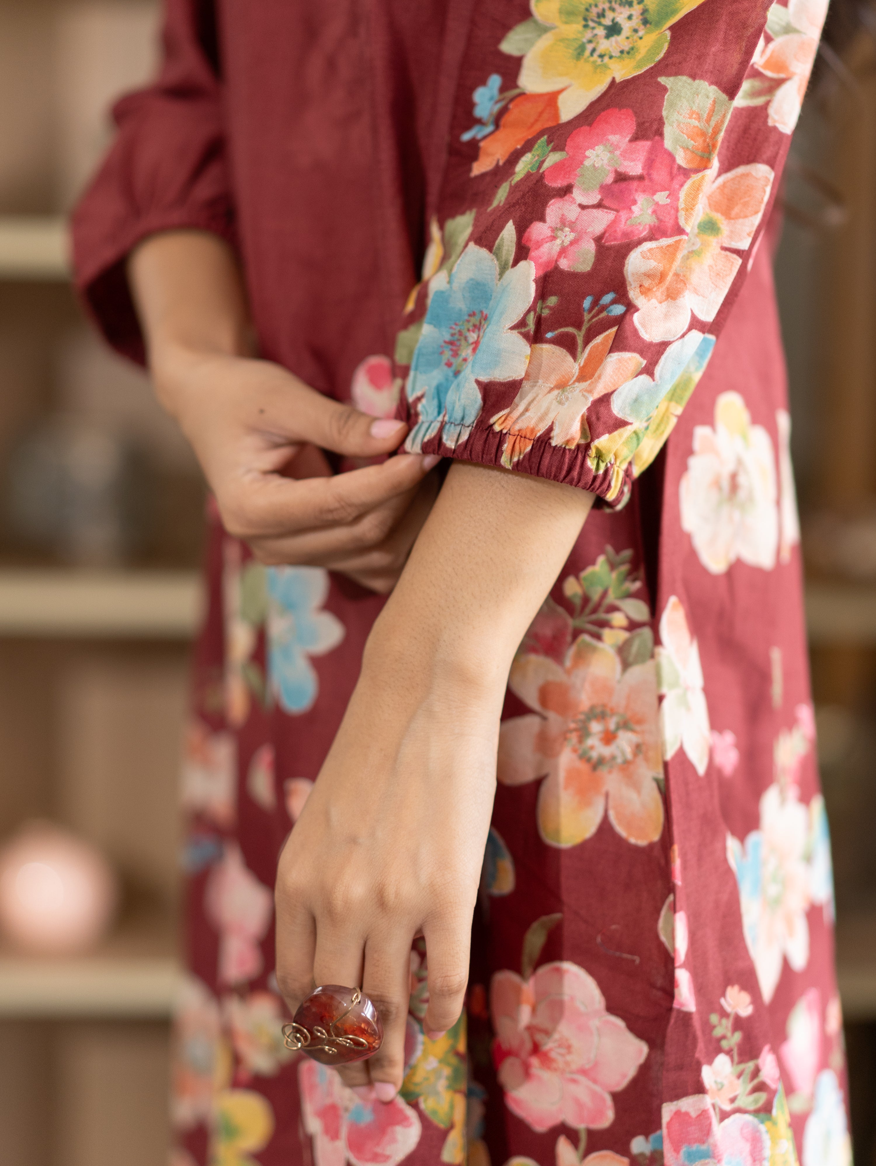 Roza Red Cotton Floral A-line Kurta