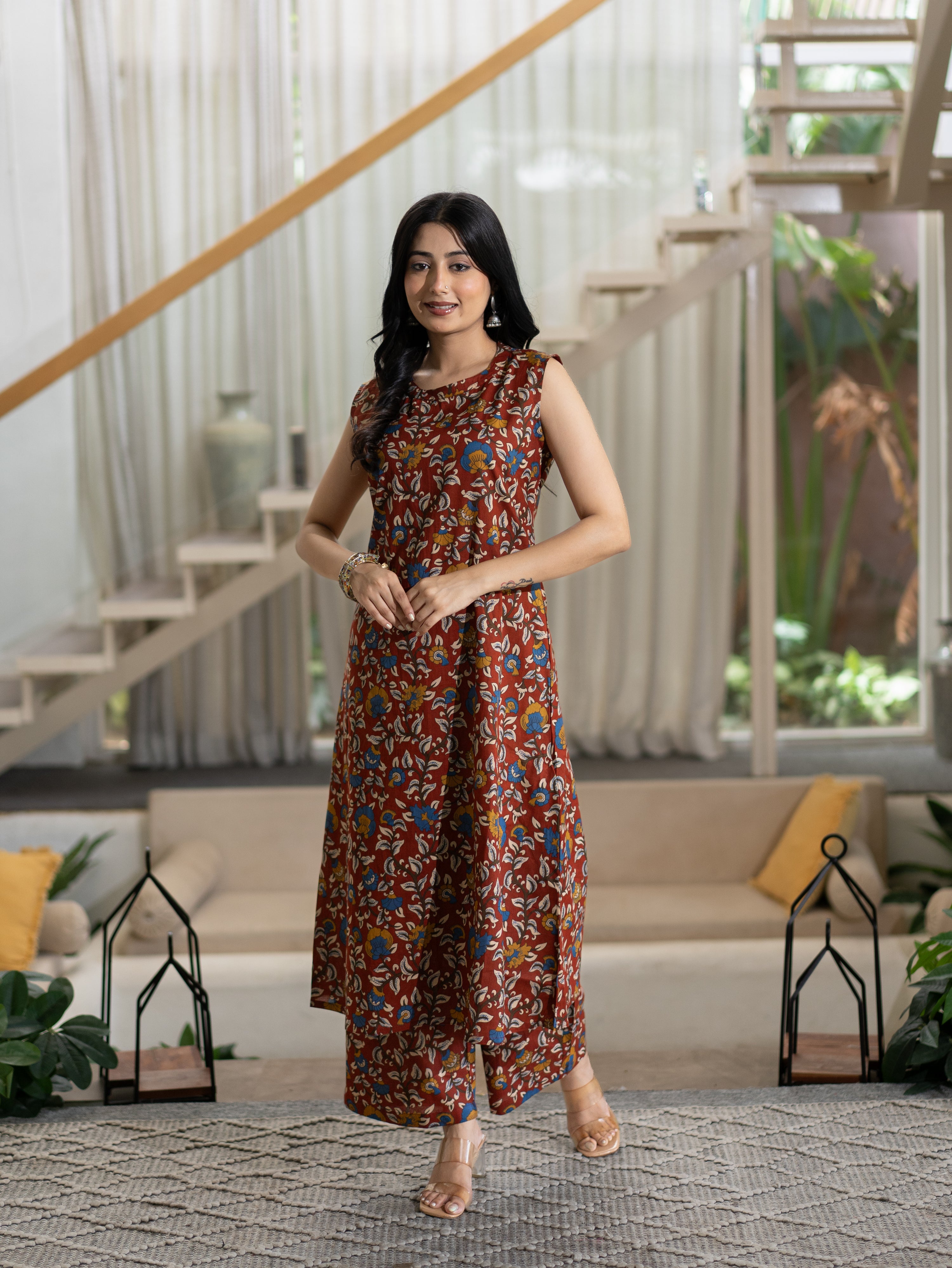 Zinal Red Kamlamkari Cotton A-line Coord Set