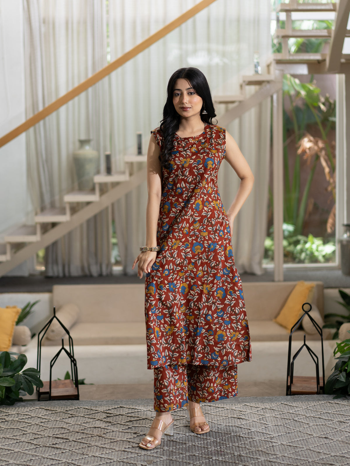 Zinal Red Kamlamkari Cotton A-line Coord Set