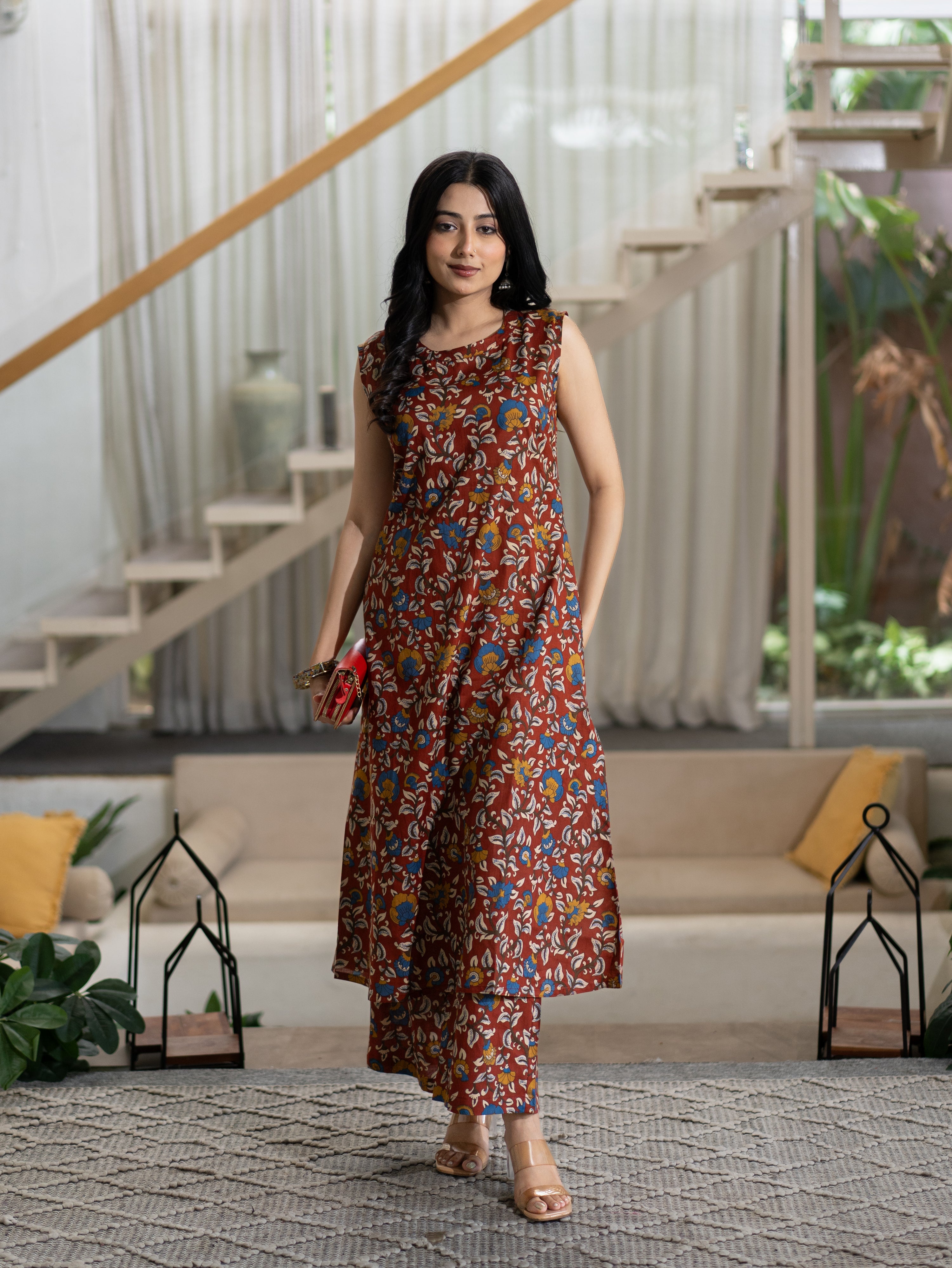 Zinal Red Kamlamkari Cotton A-line Coord Set