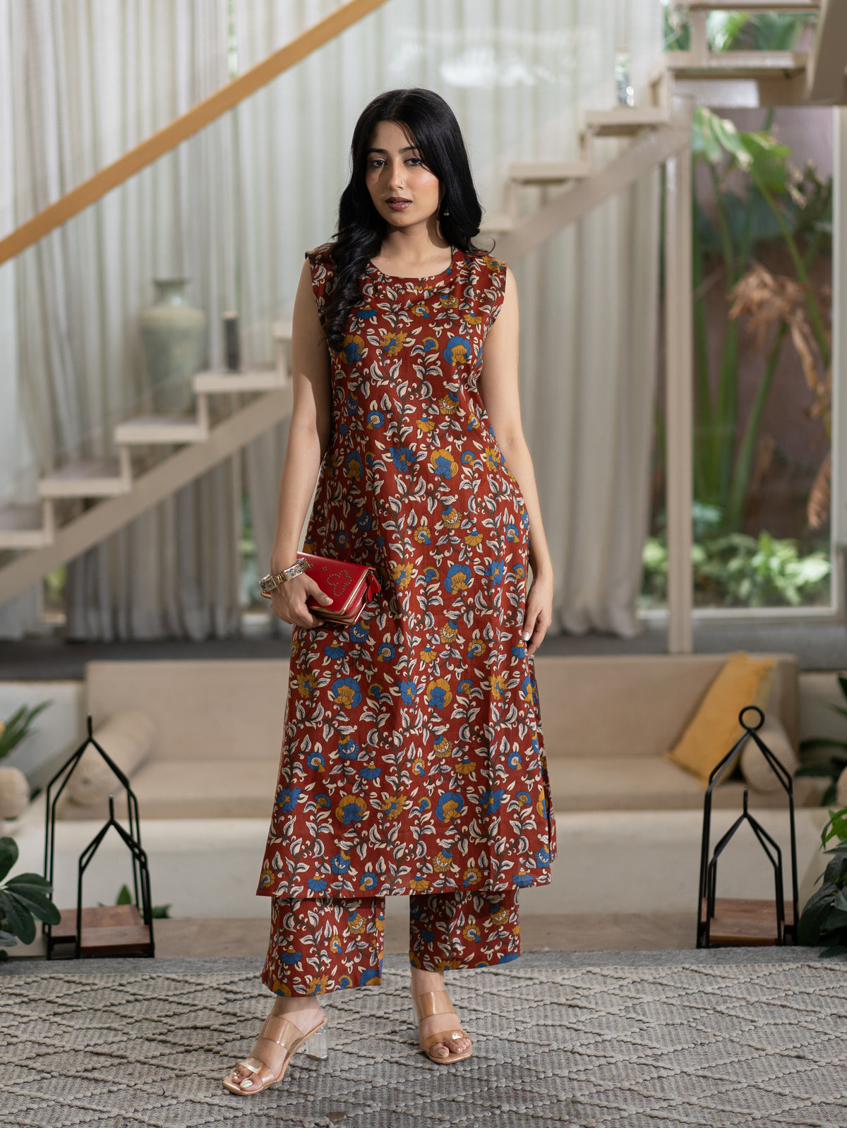 Zinal Red Kamlamkari Cotton A-line Coord Set