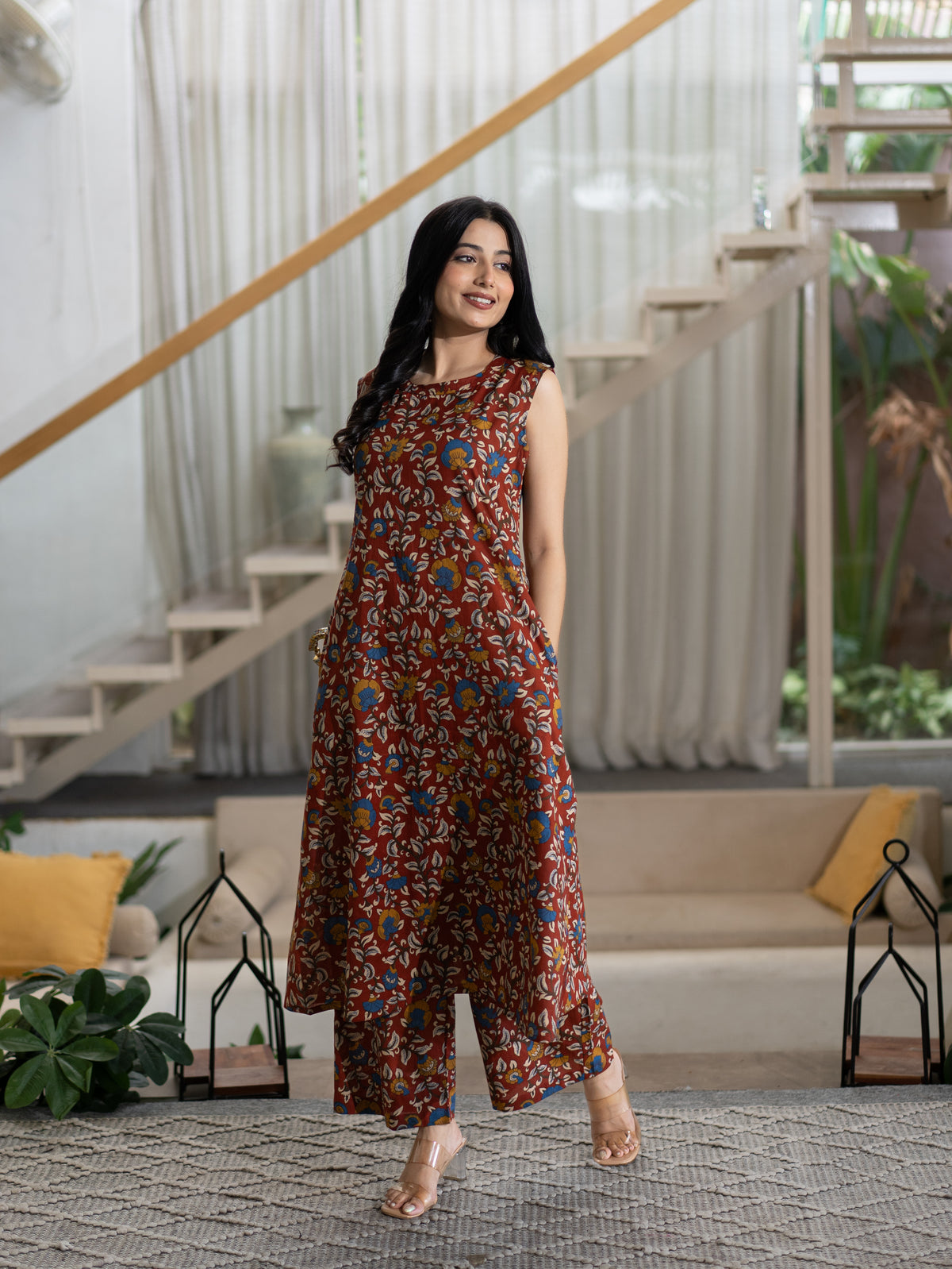 Zinal Red Kamlamkari Cotton A-line Coord Set