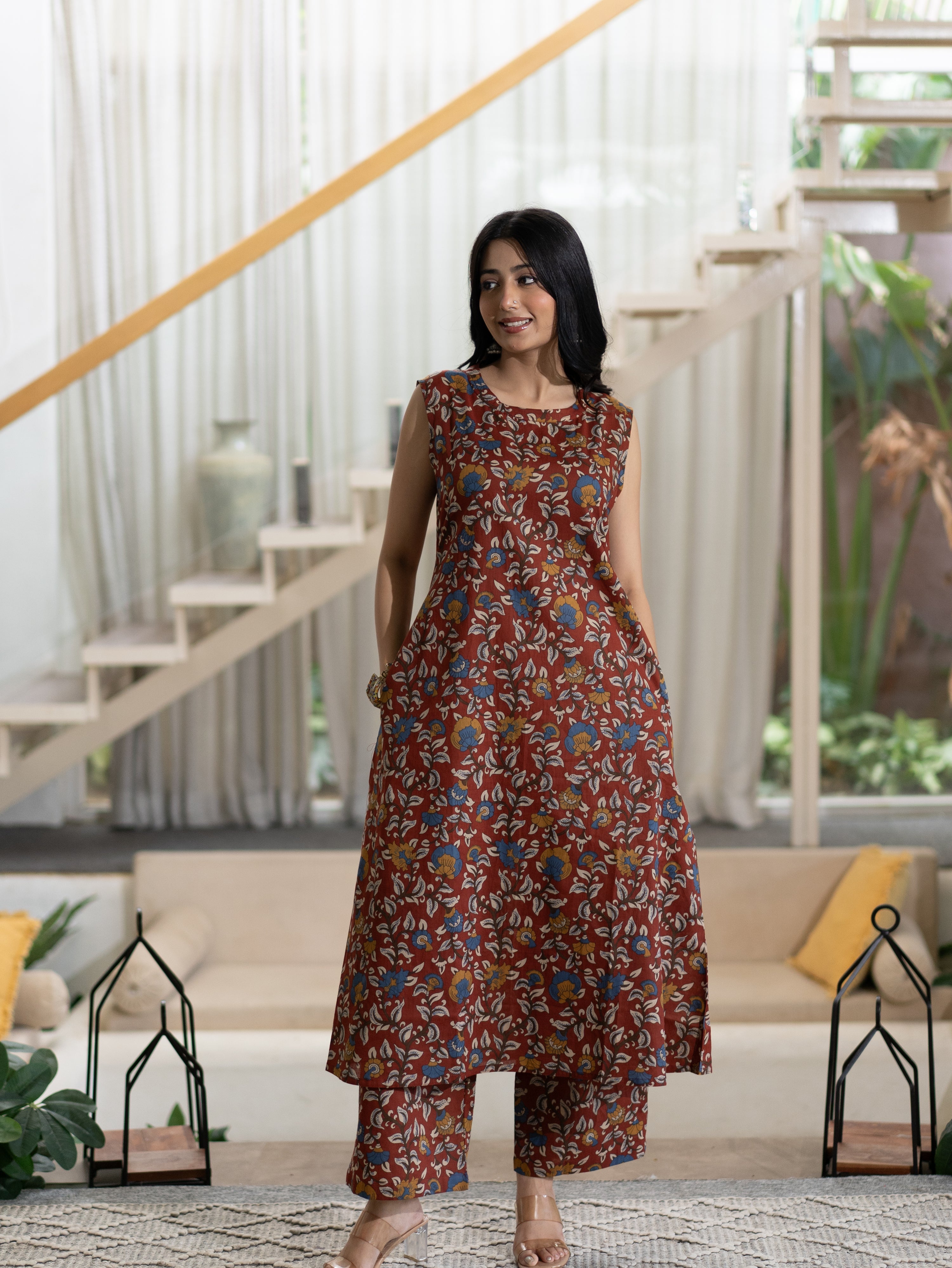 Zinal Red Kamlamkari Cotton A-line Coord Set