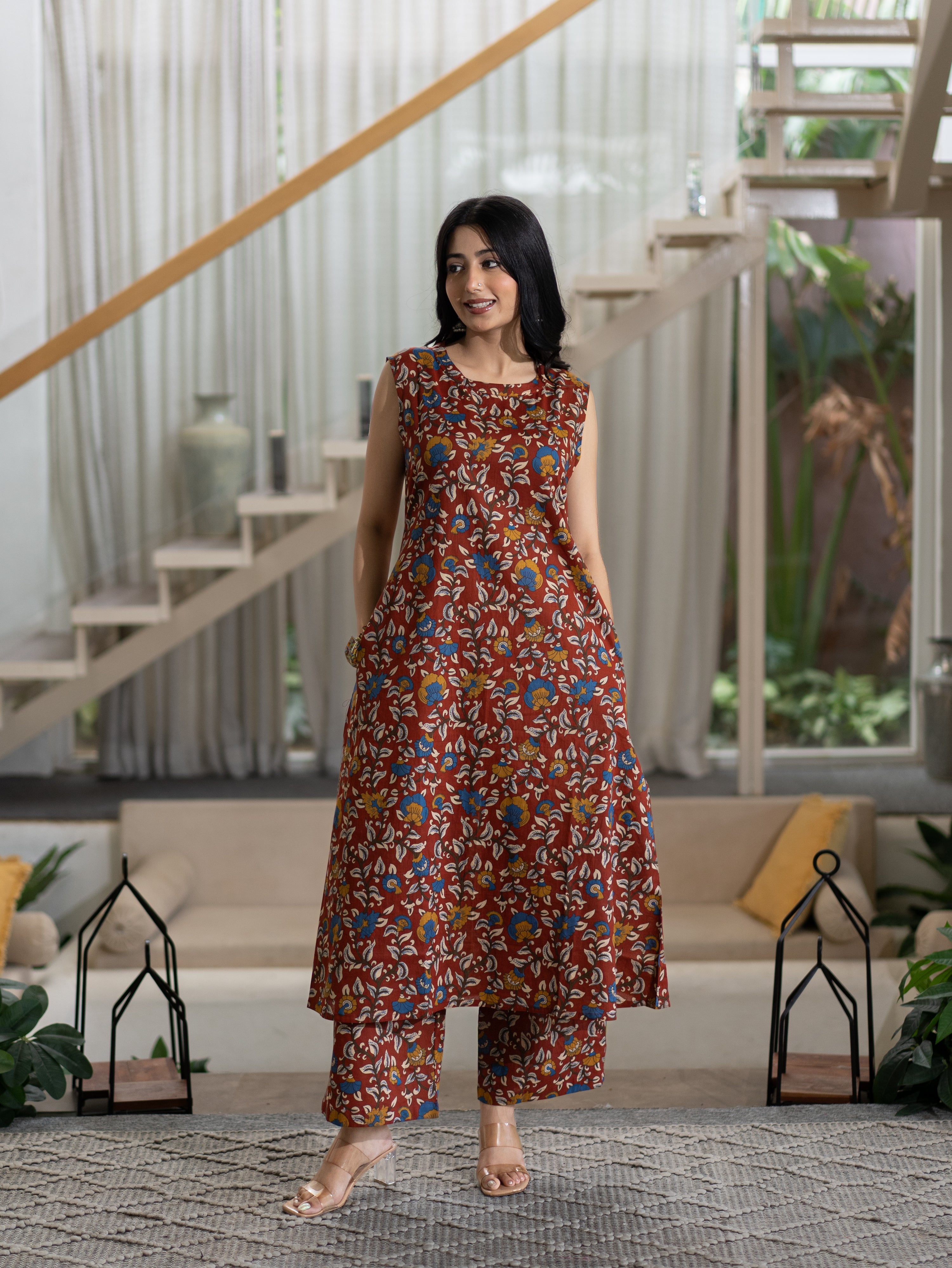 Zinal Red Kamlamkari Cotton A-line Coord Set