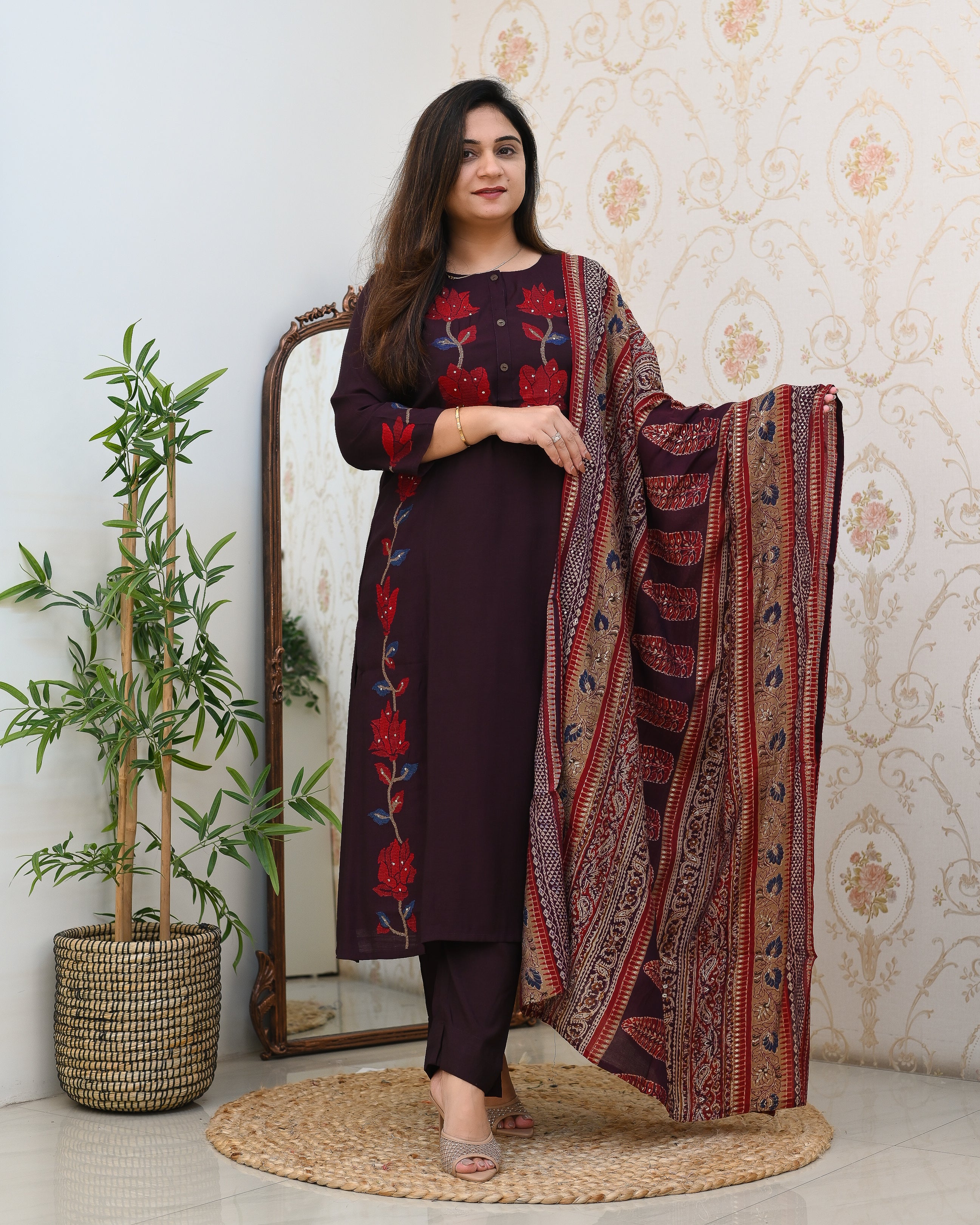 Modal Silk Embroidered Pant Set