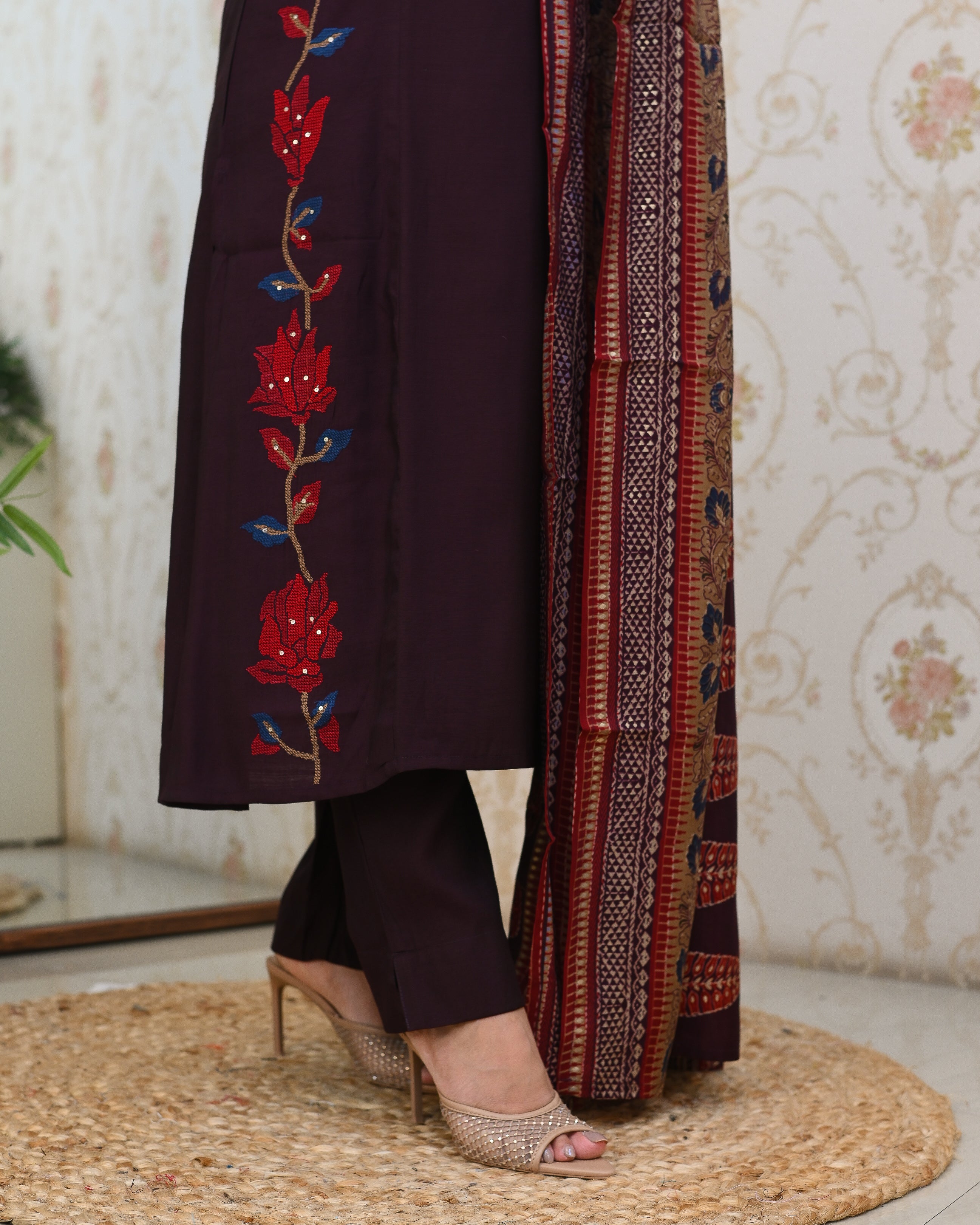 Modal Silk Embroidered Pant Set