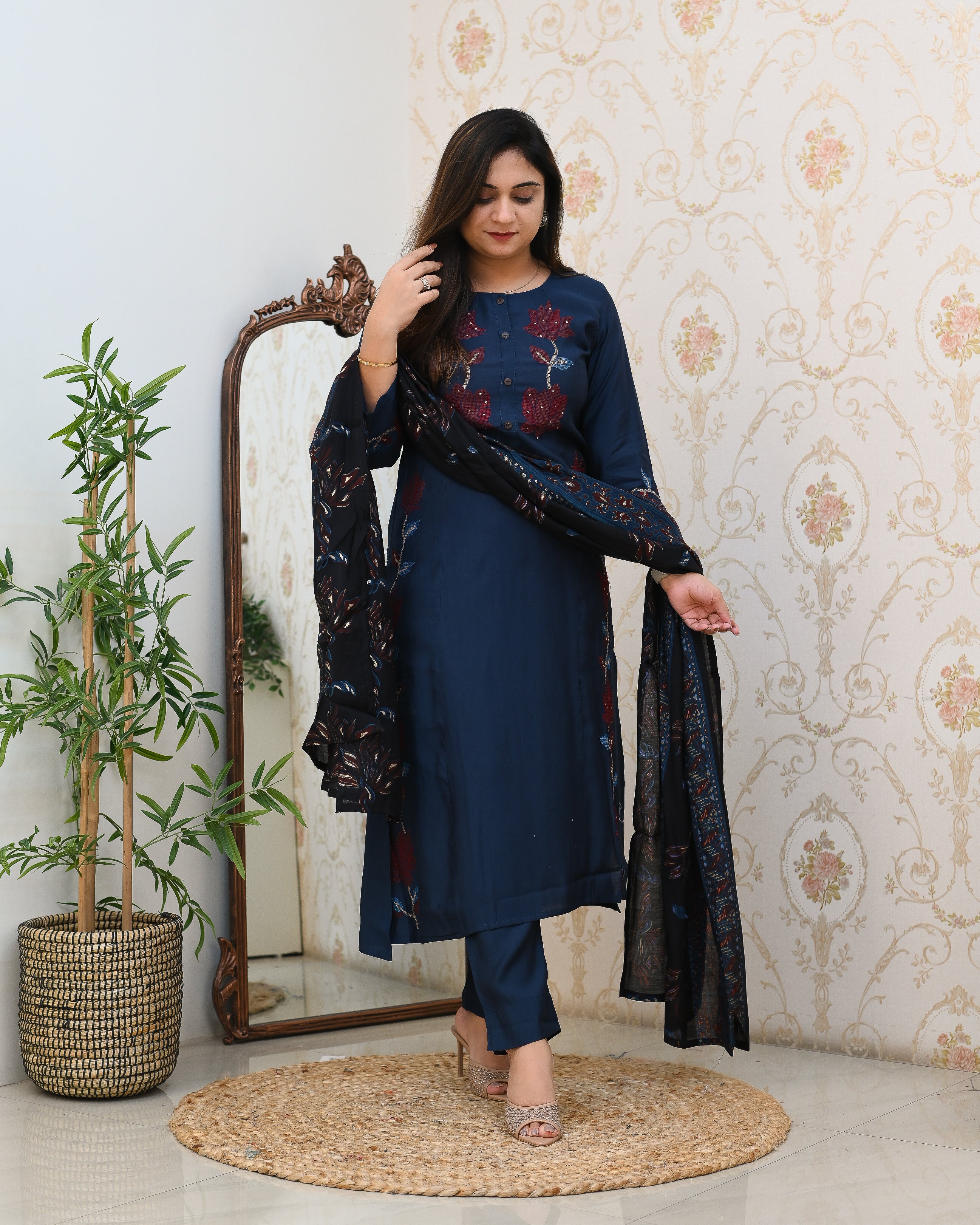 Modal Silk Embroidered Pant Set