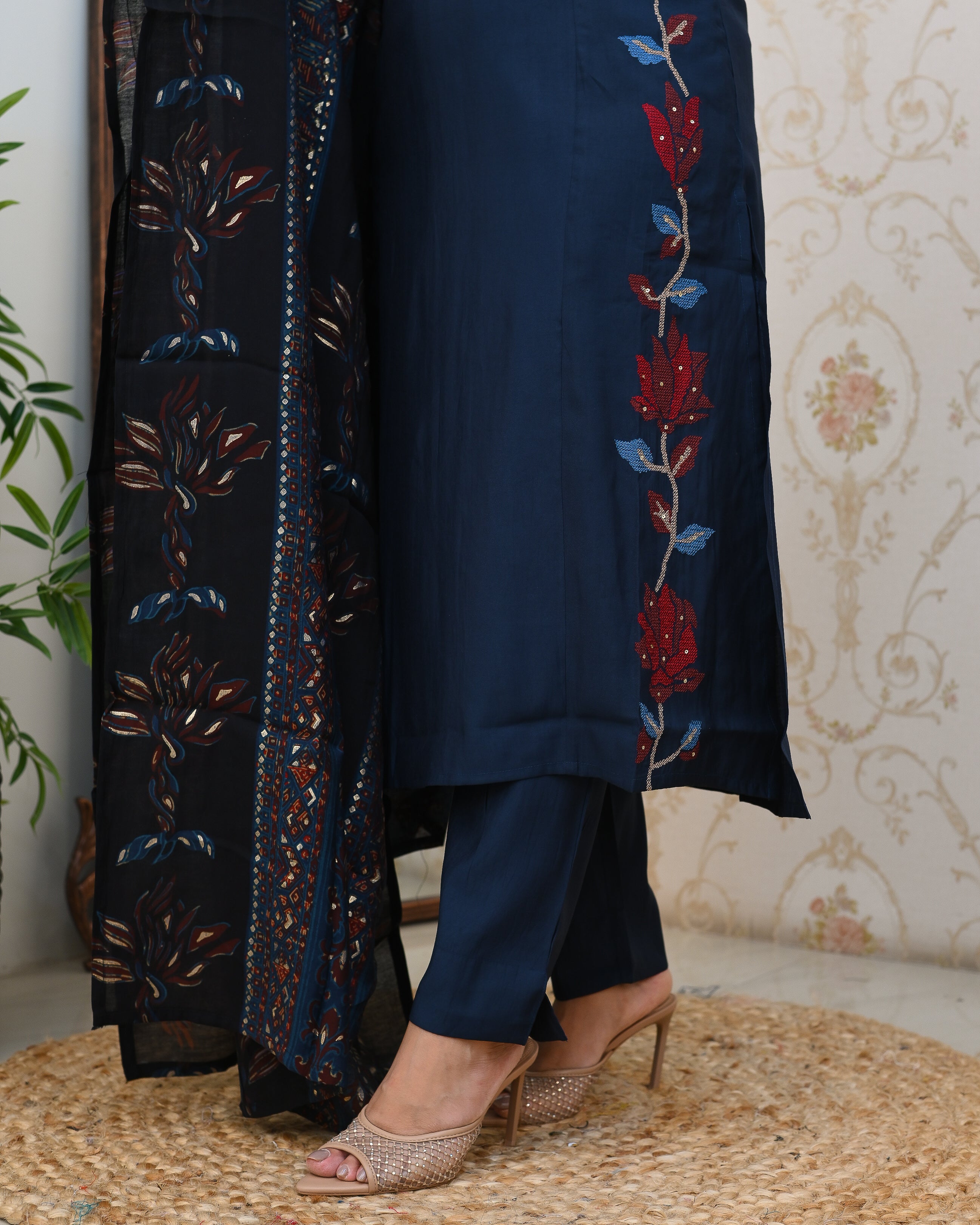 Modal Silk Embroidered Pant Set