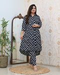 Cotton Black Floral Casual A-line Kurta Set
