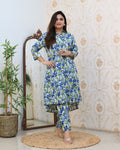 Cotton Black Floral Casual A-line Kurta Set