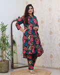 Cotton Black Floral Casual A-line Kurta Set