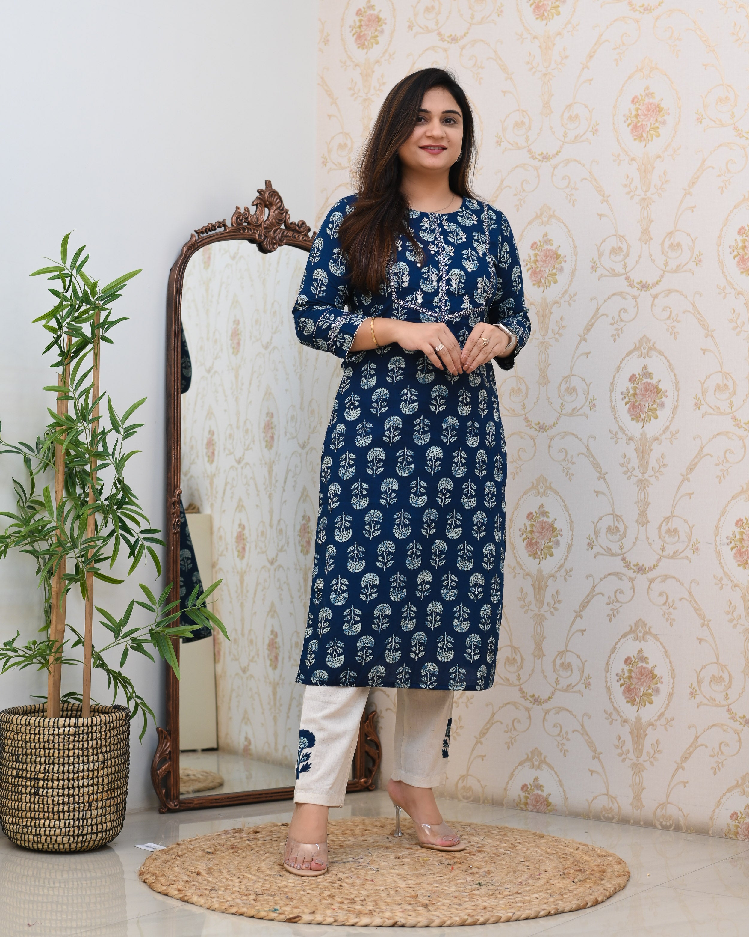 Indigo Cotton Embroidered Casual Pant Set